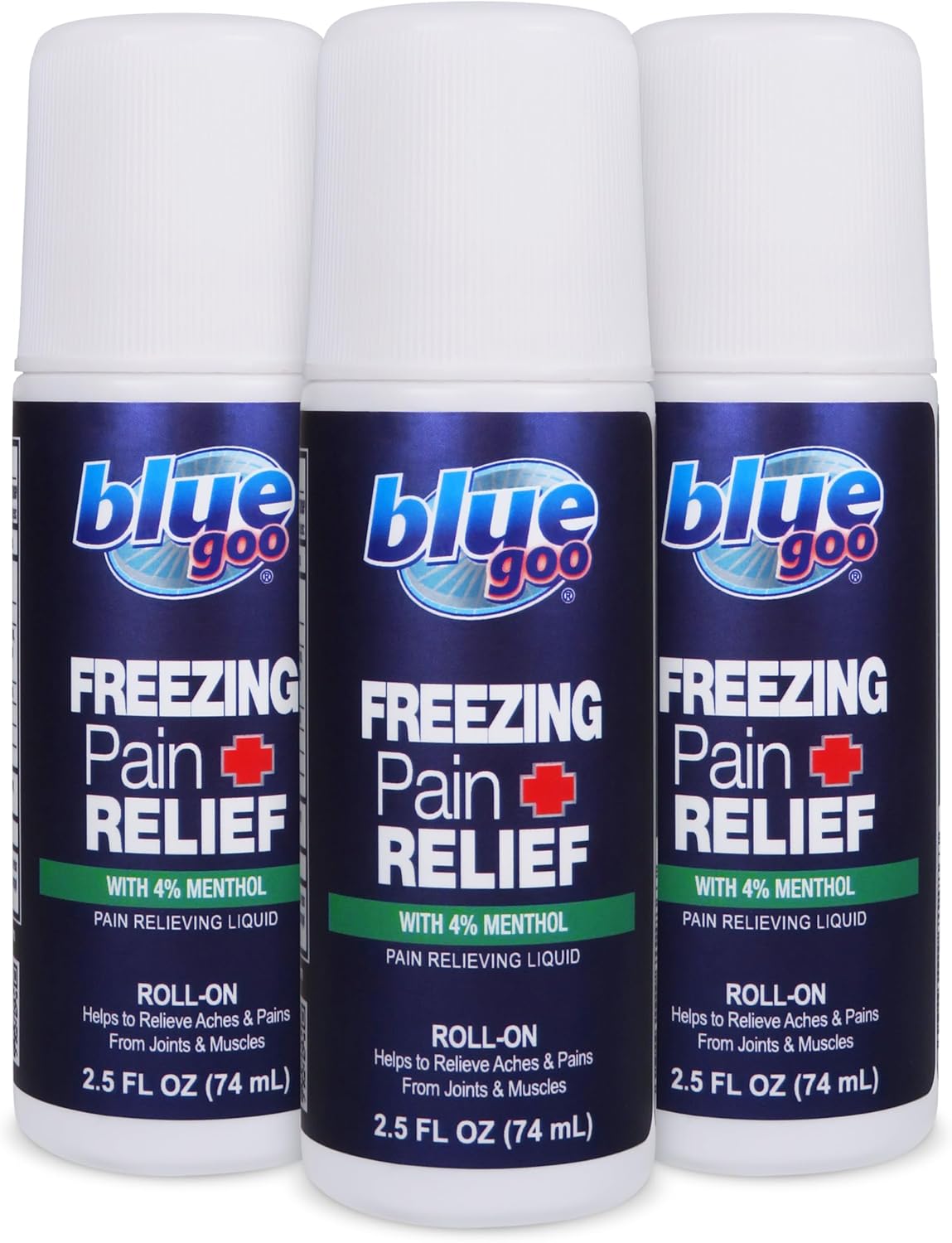 Blue Goo Pain Relieving Menthol Roll On – for Back, Neck, Muscle and Joint Pain, Sprains and Strains, Fast-Acting Soothing Cooling Pain Relief Liquid with 4% Menthol, 2.5 oz (3 Pack)