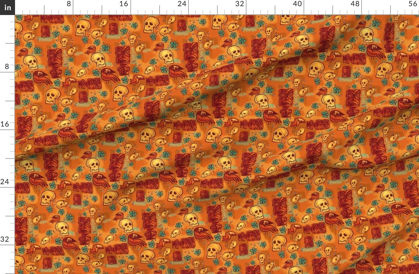 Spoonflower Fabric - Tiki Retro Hawaiian Polynesian Rust Orange Red Skull Floral Vintage Printed on Organic Cotton Sateen Fabric by The Yard - Sewing Quilting Apparel Home Decor