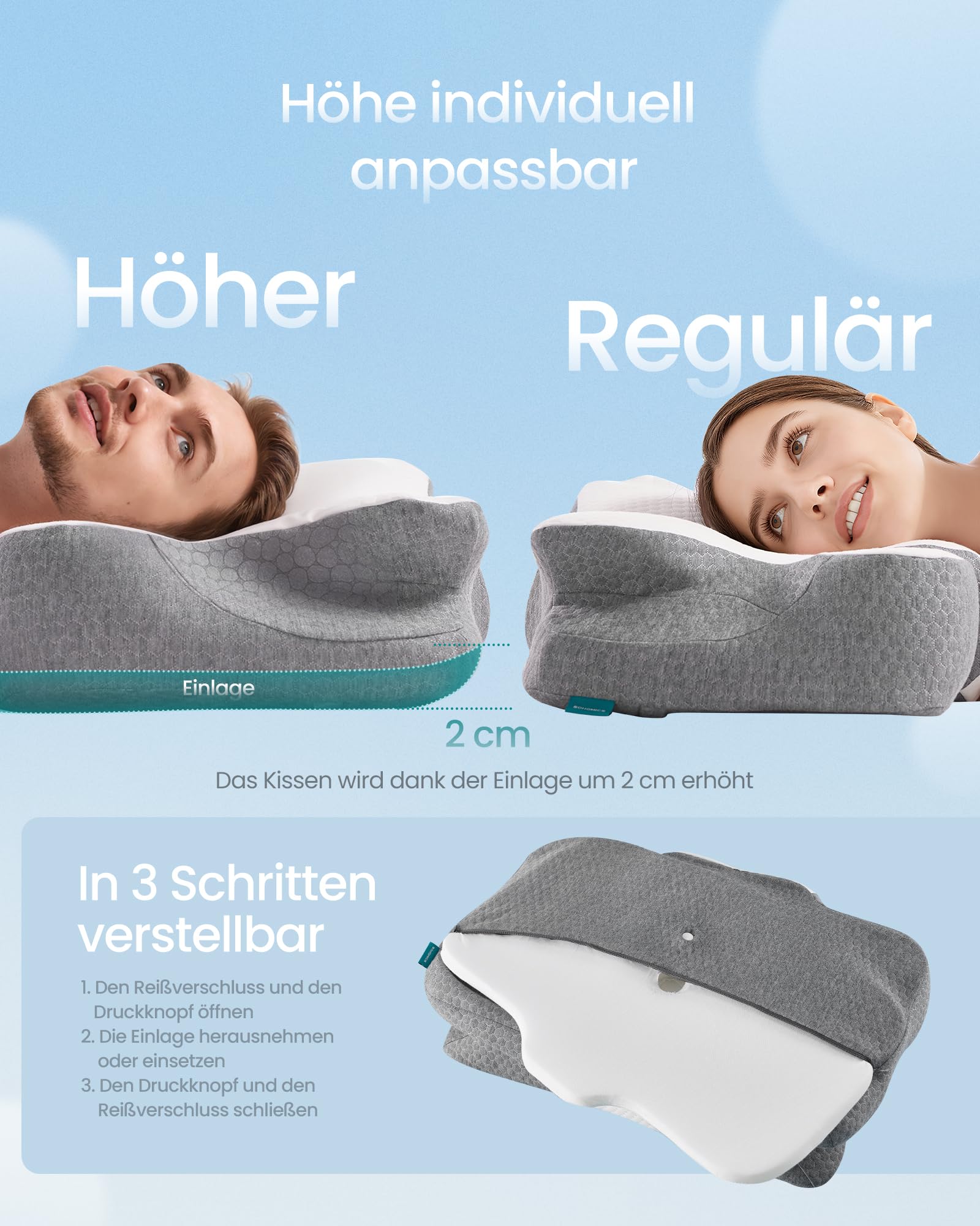 SONGMICS Kopfkissen, Kissen ergonomisch, Nackenkissen, höhenverstellbar, Schlafkissen, Memory Foam Kissen, für Seitenschläfer, Rückenschläfer & Bauchschläfer, wolkenweiß-Taubengrau TBP051GZ02