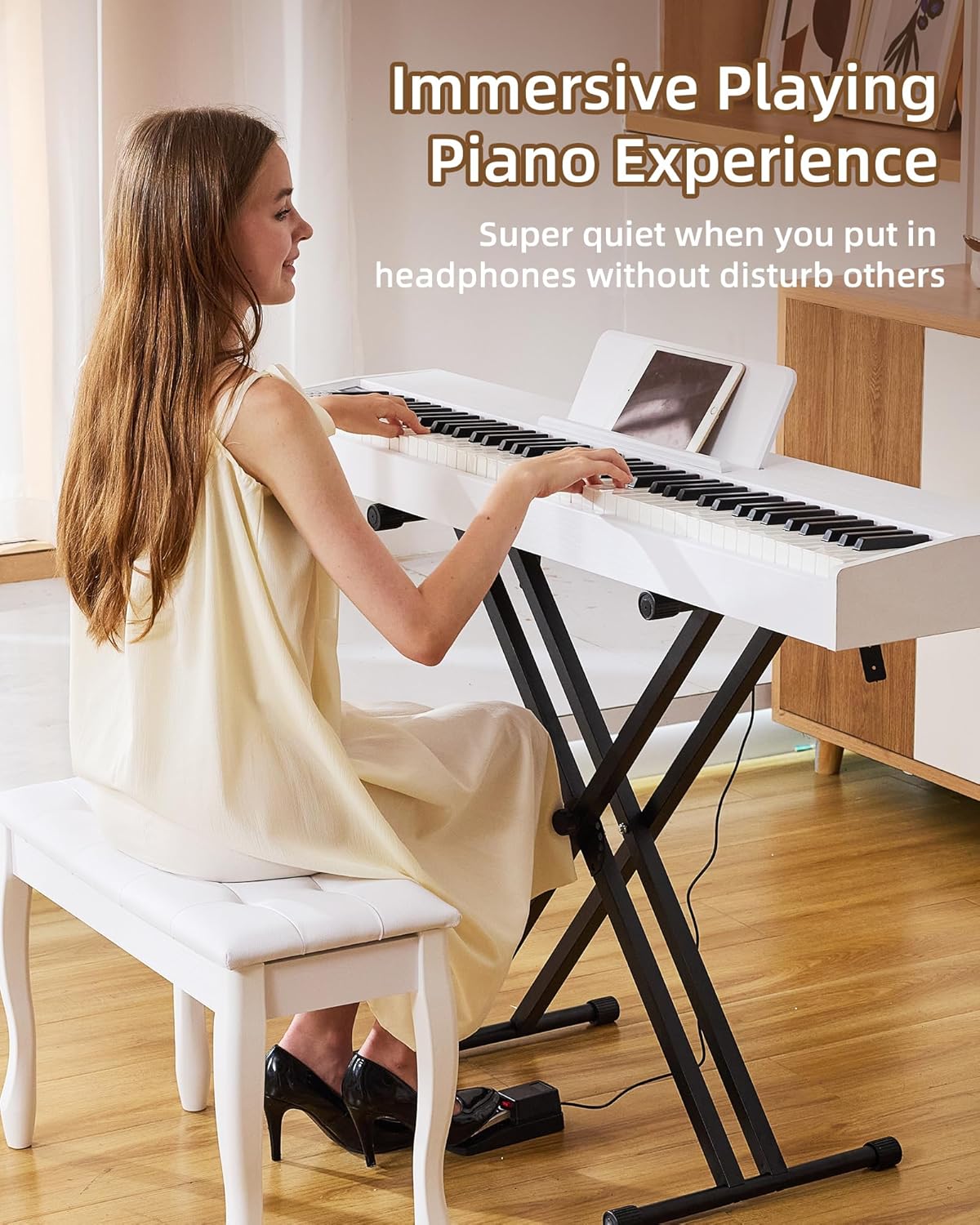 Digital Piano 88 key Semi Weighted Keyboard With X Stand & Sustain Pedal, Full-Size Beginner Electric Piano For Bluetooth, Headphone Mode, USB-MIDI (White)