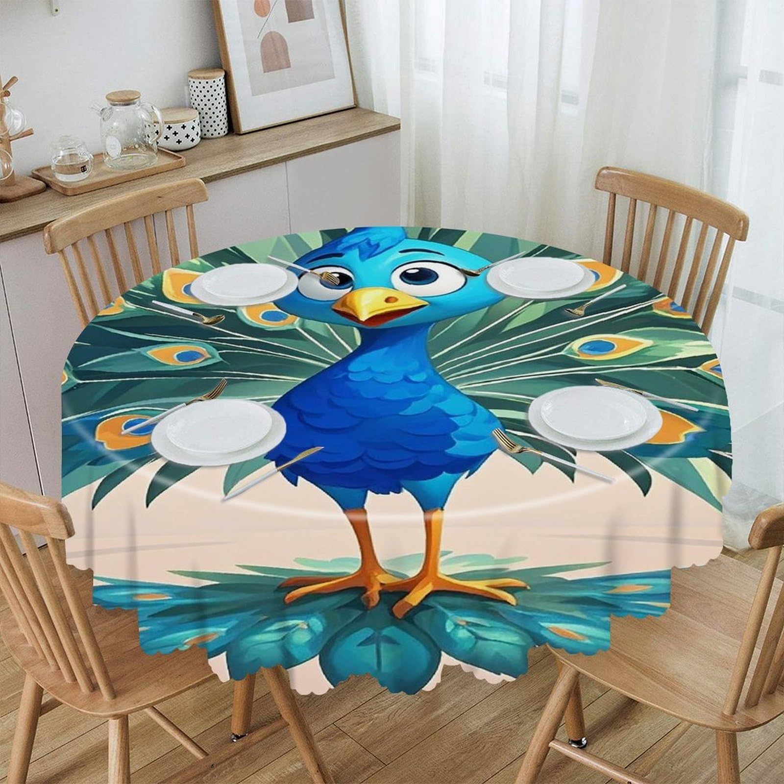 FekiLoot Cartoon Blue Peacock Round Tablecloth 60 Inch Waterproof Heavy Duty Table Cloth Spillproof Washable Table Cover Wrinkle Resistant Tablecloths Decorative Table Cloths