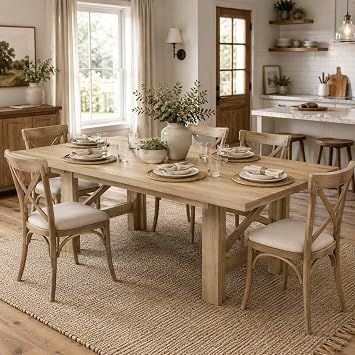 71" Farmhouse Dining Table for 6-8 Person, Large Rectangular Wood Dining Room Table Only, Rock-Strong Thick Base & Heavy Duty Triangular Legs for Kitchen, Office & Restaurant, Natural Wood