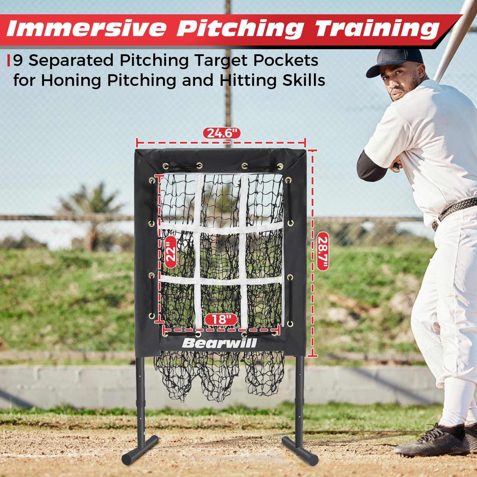 Bearwill Red de béisbol de 9 agujeros con bolsillos para objetivo de lanzamiento, red de lanzamiento ajustable portátil con zona de golpeo, equipo de ayuda de entrenamiento de béisbol y sóftbol