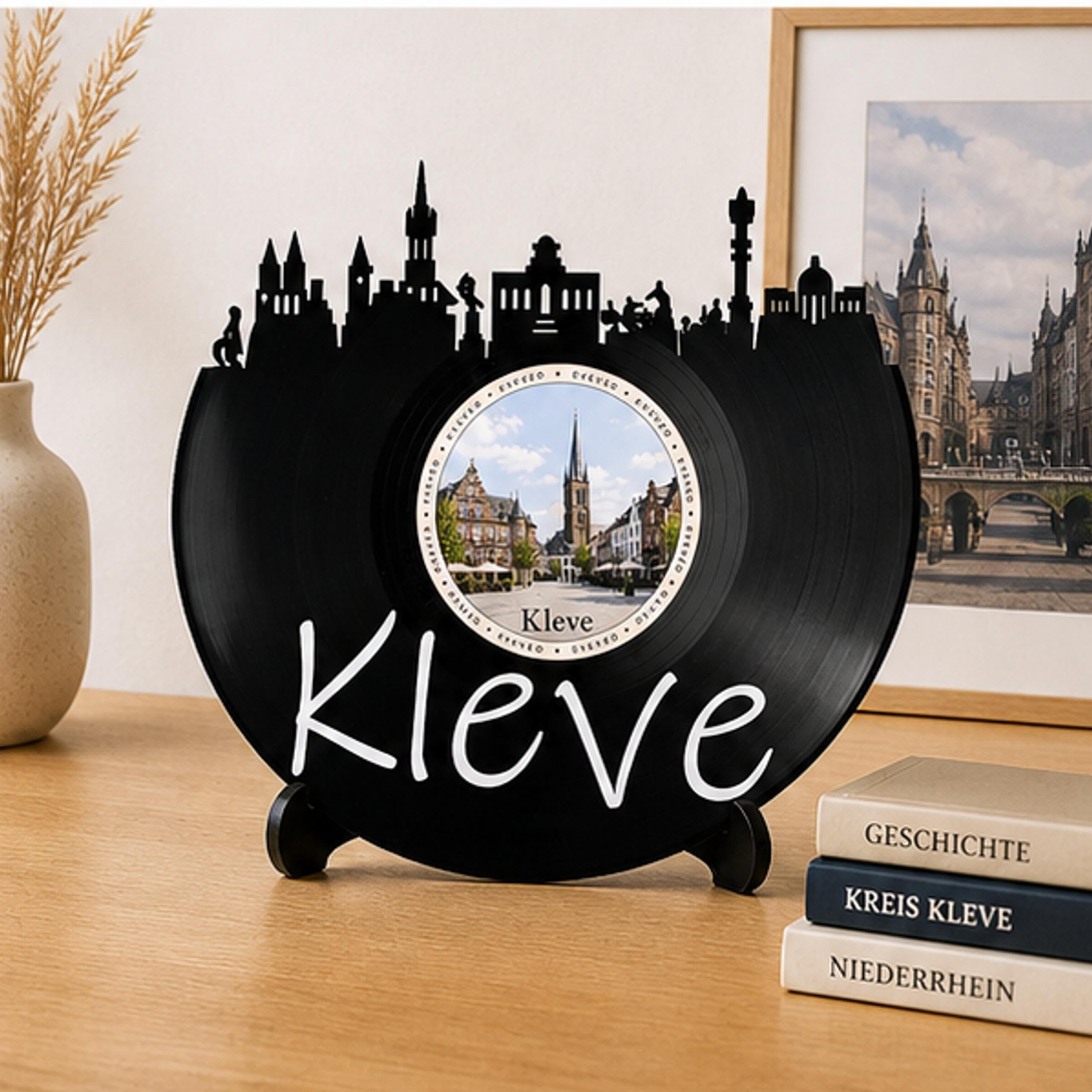 EVEVO Decorazione da parete in vinile Kleve - Decorazione da parete in vinile con skyline della Bassa Rena, regalo per gli appassionati di Kleve, castello di cigno D0028