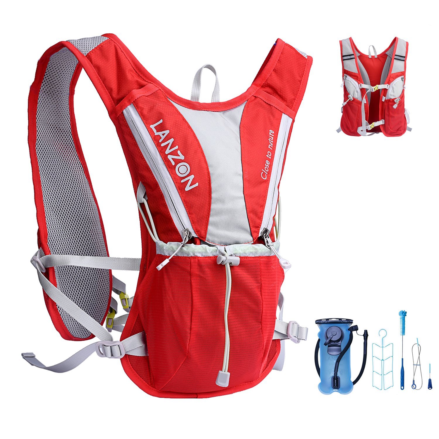 Hydration Pack with 2L Water Bladder & Cleaning Kit - Red - Marathon Running Vest, Leakproof Reservoir