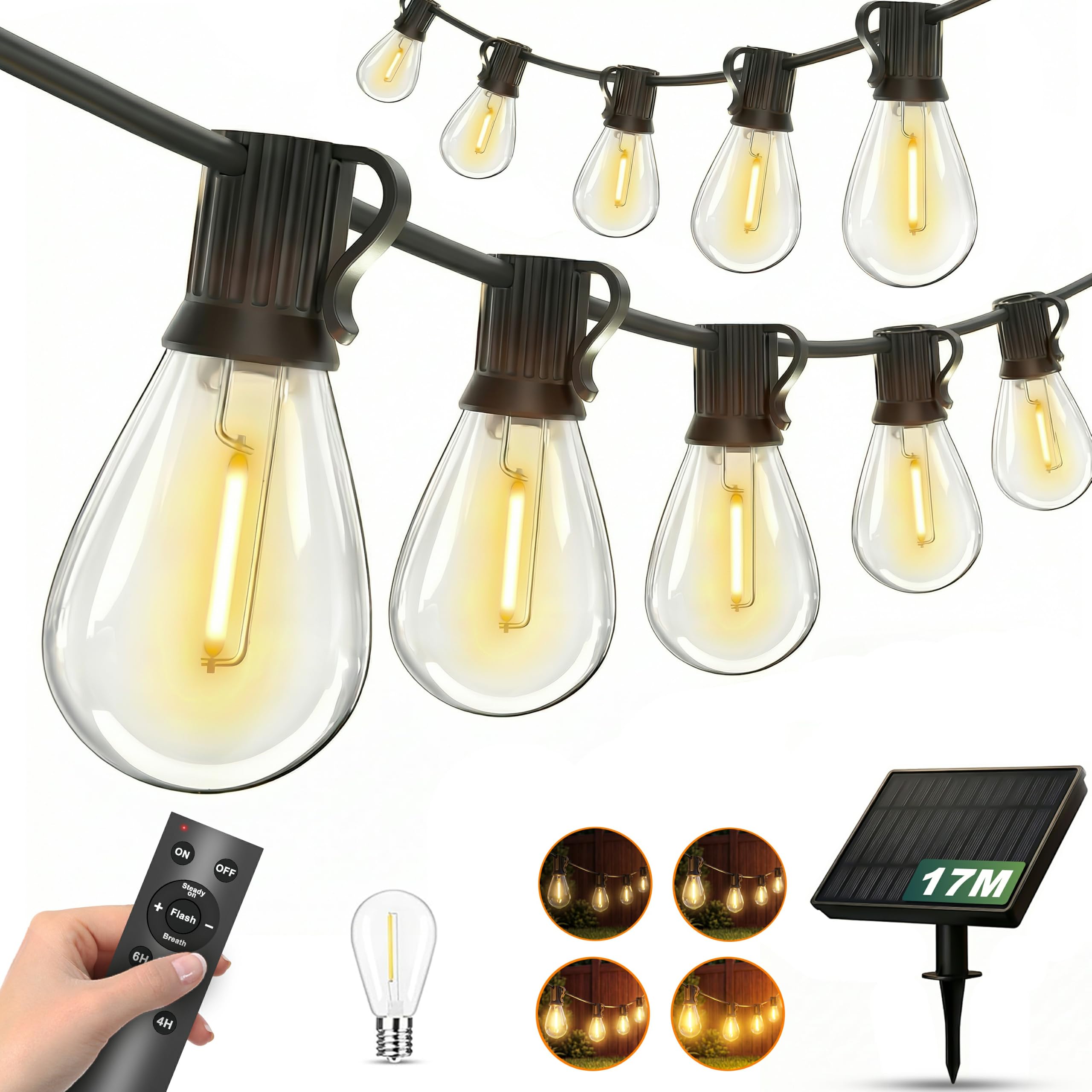 Solar Lichterkette Outdoor, 17m LED Lichterkette Solar Außen Wetterfest Mit Fernbedienung & 25+1 S11 LEDs, IP65 Wasserdicht Solarlichterkette Aussen Für Garten, Terrasse, Balkon, Hochzeit | 【30M LED-Lichterkette】 Netzteil für Gartenbeleuchtung mit 30m Ges
