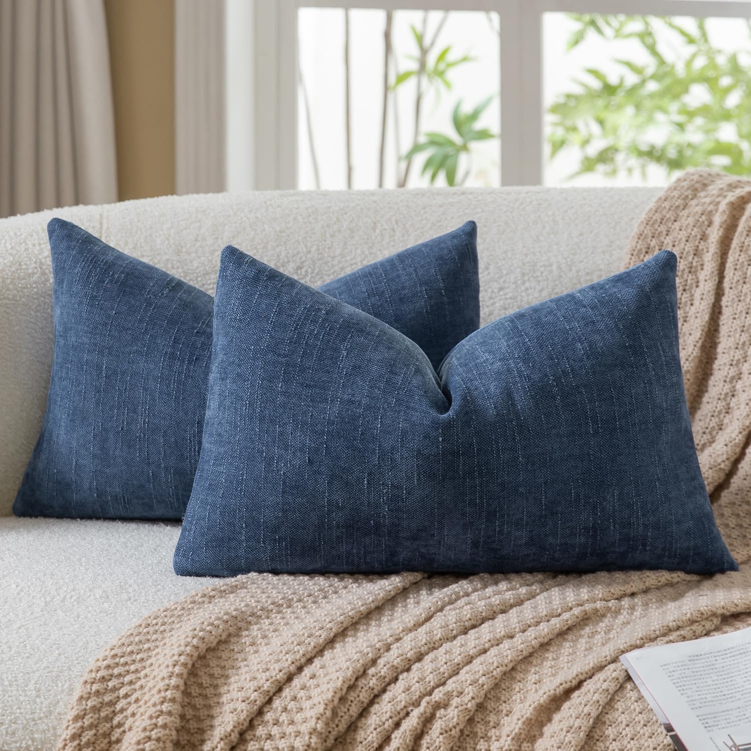 Mandioo Pack of 2 Faux Linen Chenille Cushion covers 30x50 cm 12x20 Inch Decorative Pillow Covers Velvet Accent Throw Pillow Case for Couch Sofa Living Room Bedroom Farmhouse Decor Blue