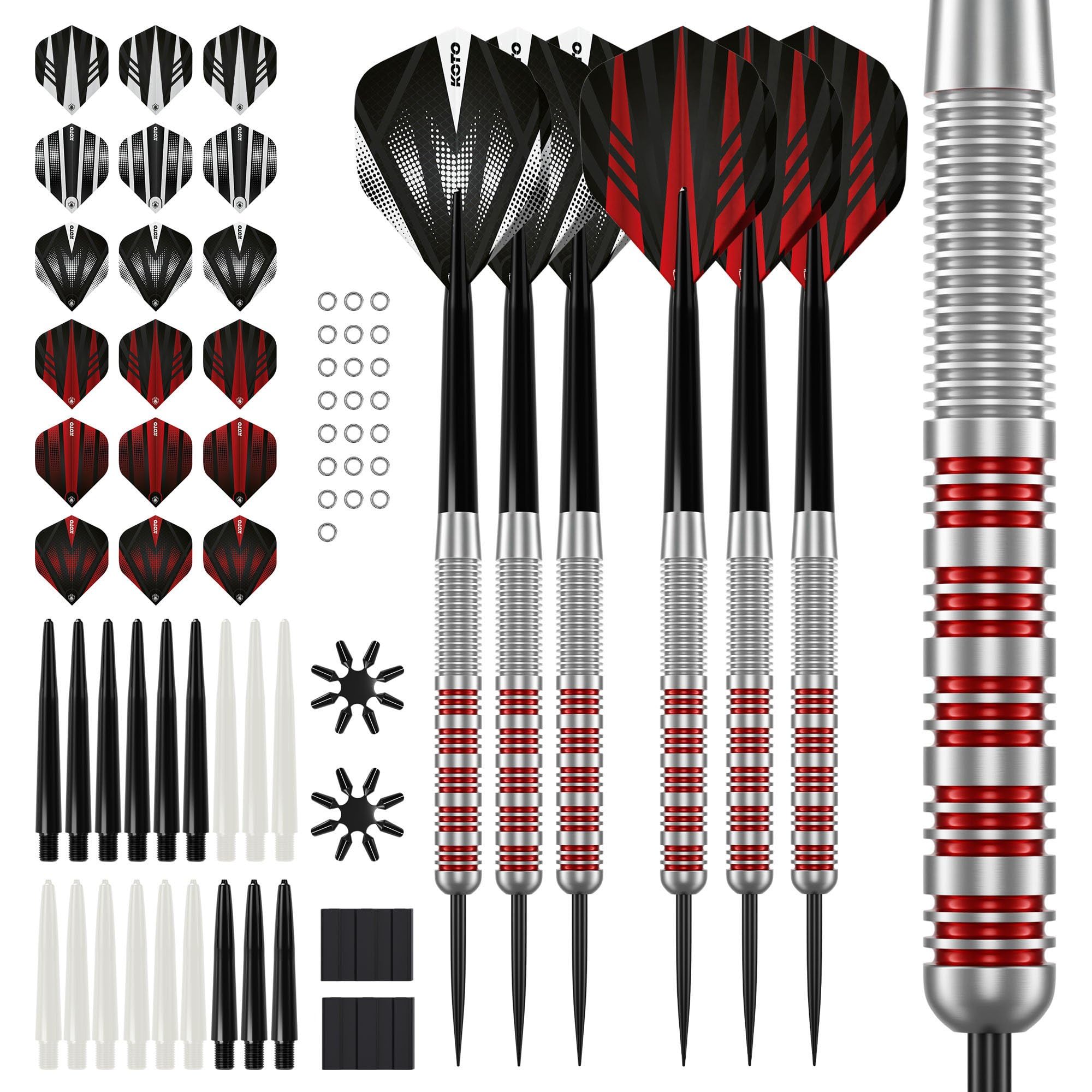 KOTO - Straight Silver Red Lotki do Darta z Mosiądzu, 18G, Steeldarts | 18G Steeldarts, 6 Baryłek, 6 Piórek I 6 Trzonków, Wyważenie Centralne, Okrągły Grot, 57mm, 8mm, Karbowany Uchwyt
