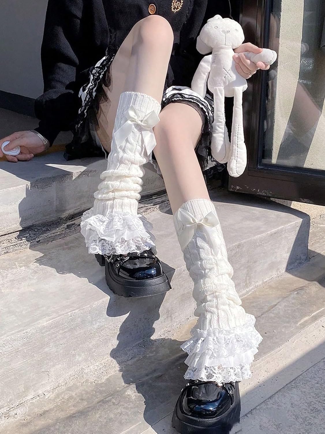 Women's 1 Pair Y2K Bow Front Lace Trim Leg Warmers Ribbed Knit Over Knee Pile Leg Warmers Long Socks - Image 3