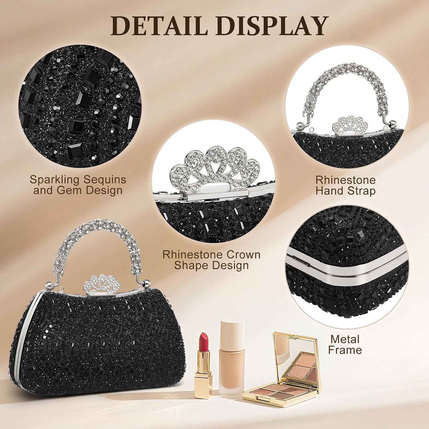 Rhinestones Evening Bag for Women, Shiny Sequin Evening Clutch Wedding Purse for Bride Party Formal, Black