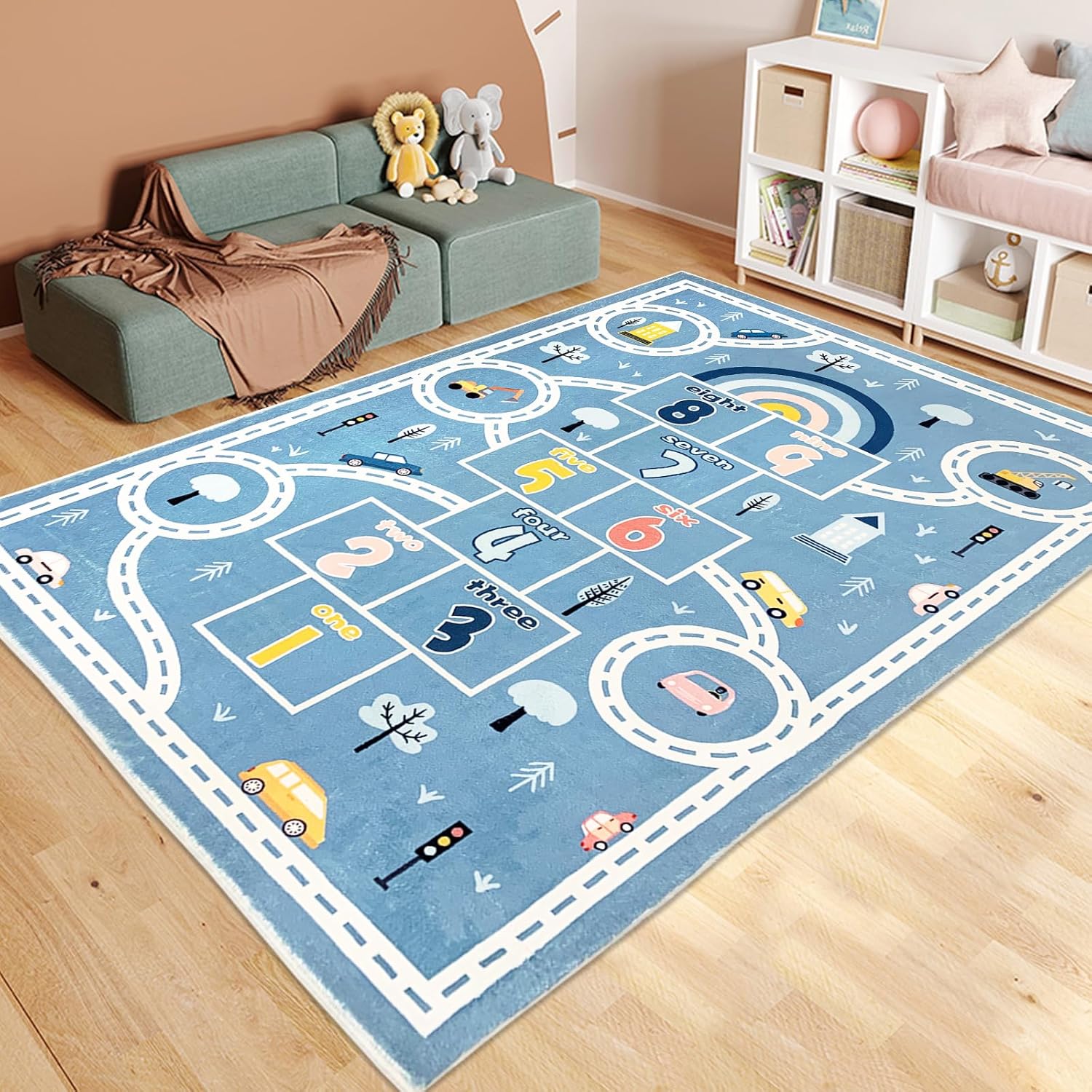Kids Play Mat Hopscotch Area Rug Car Rug 5x8Ft Extra Large Hopscotch Rug for Kids Boys Bedroom Classroom Carpet Educational Learning Area Rug Children Rug Preschool Boys Shower Gift, Blue