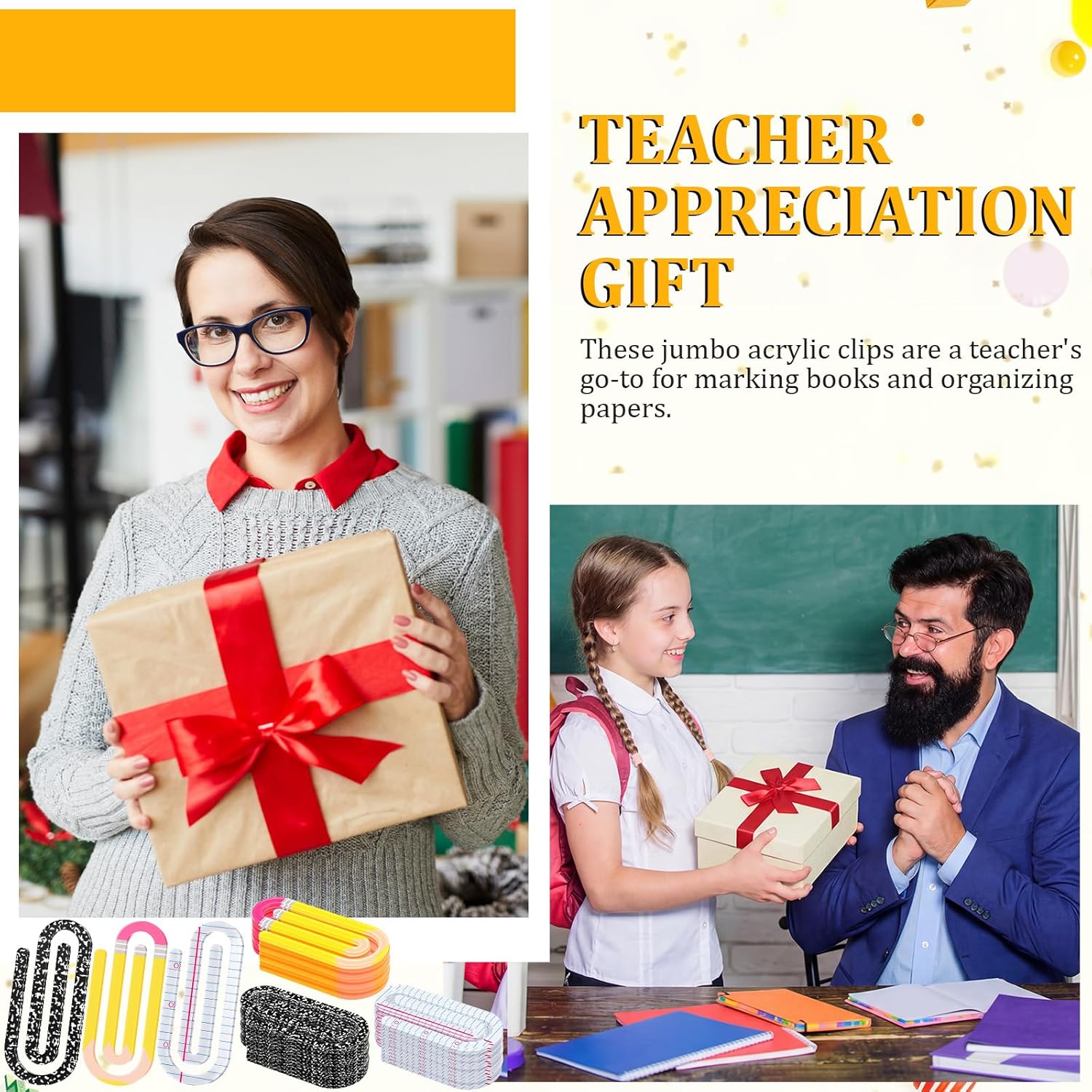 AmazingSpark 48 Set Jumbo Teacher Acrylic Paper Clips Sunday School Appreciation Day Operation with Card Paperclip Bookmark Gift Classroom Supplies (Mixed Styles,Teacher Gift)