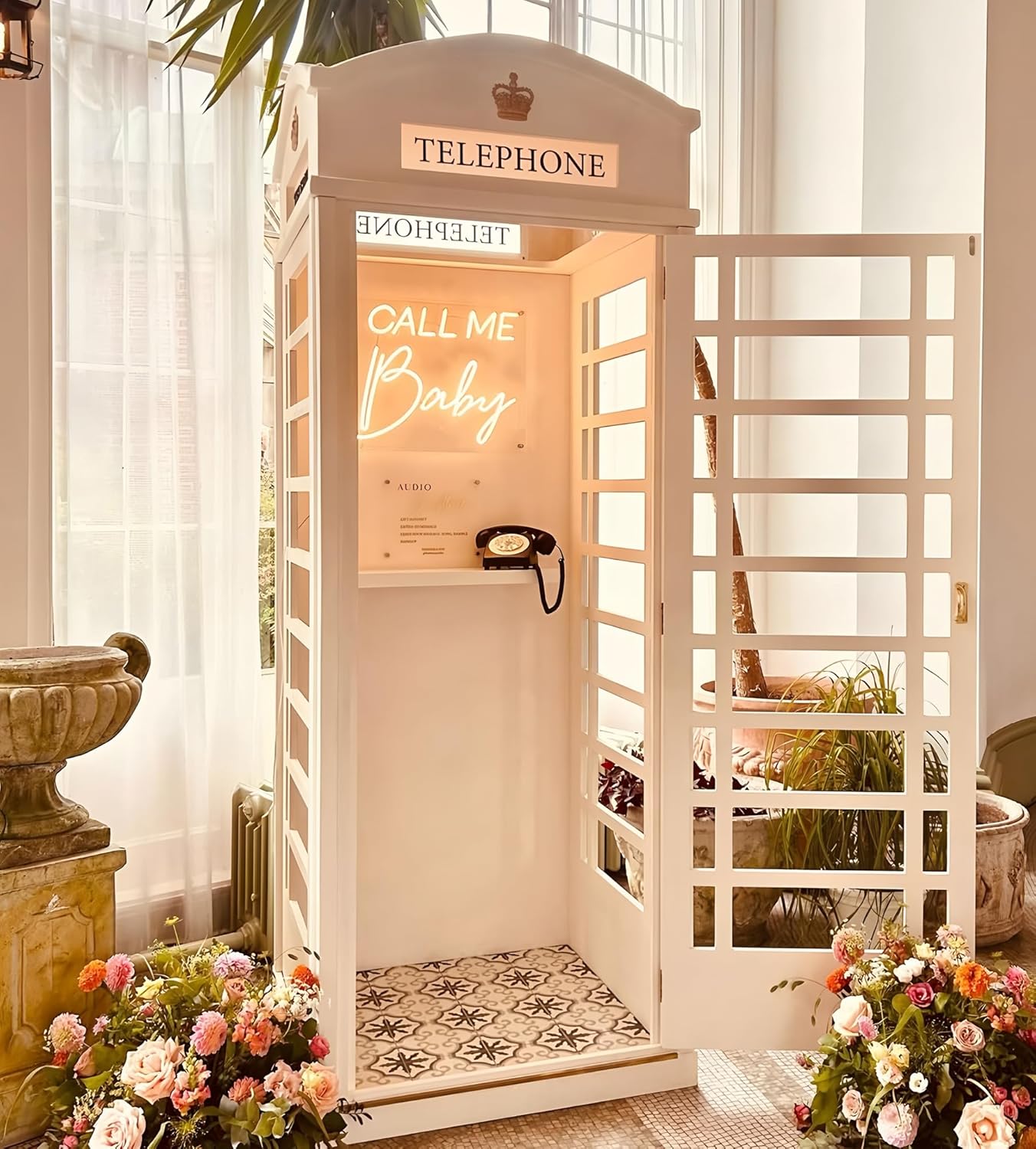 British Vintage London Telephone Booth Cast Iron Replica, Phone Box for Wedding Decor, Garden, Event, Party, Photo Prop, Indoor Outdoor Use (White, 2.4m)