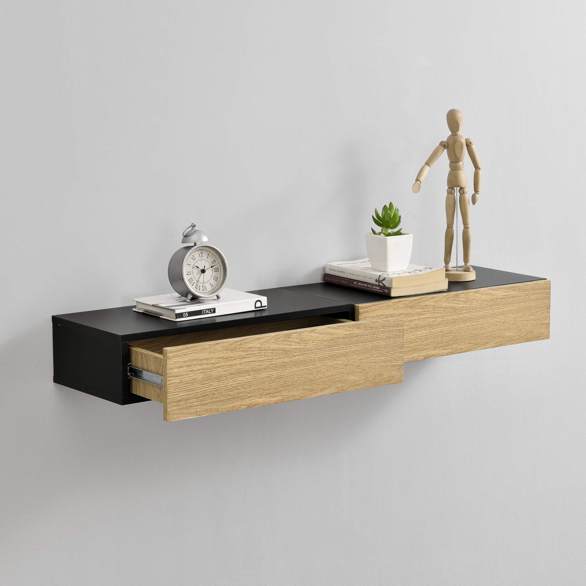[en.casa] Set di 2 Mensole da Parete con Cassetto Integrato Comodini Sospesi Salvaspazio 50x24x12 cm per Soggiorno Camera da Letto Ingresso - Nero/Effetto Legno