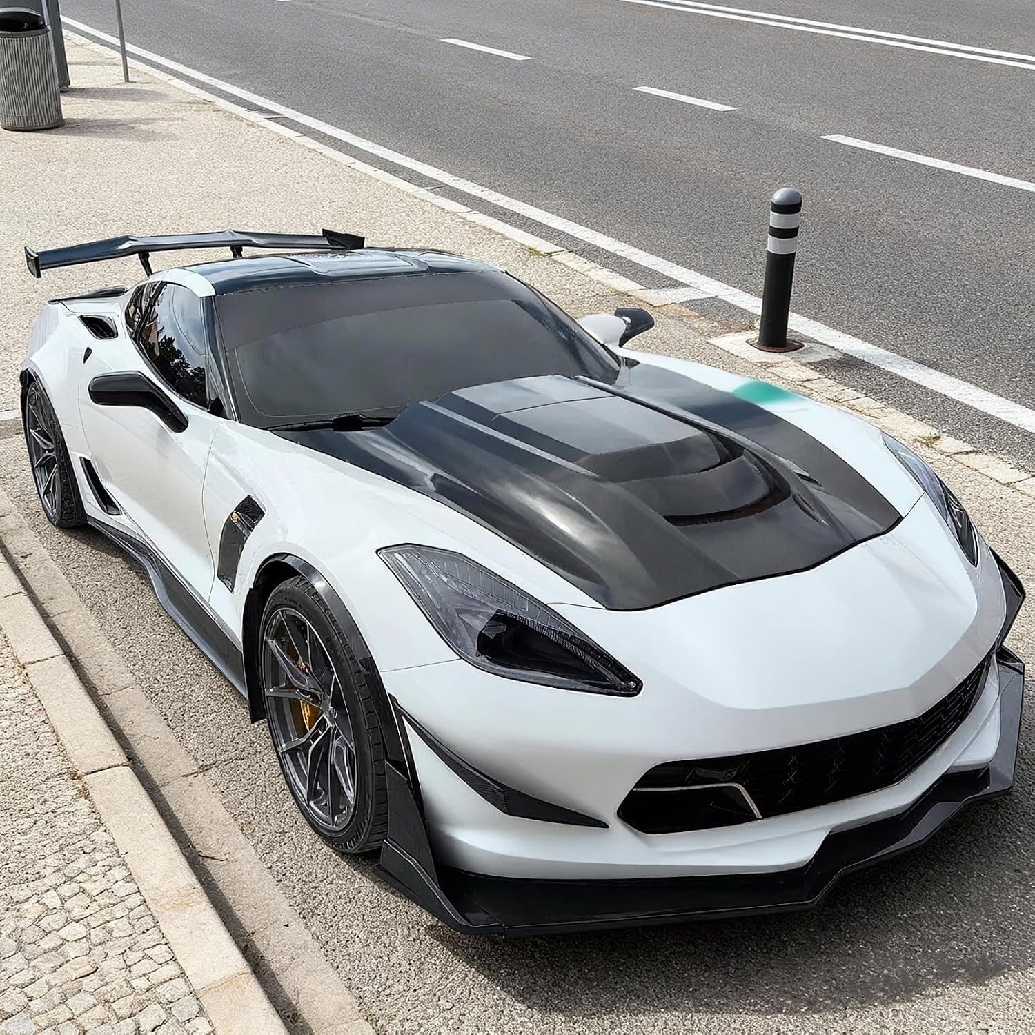 FREEMOTOR802 Front Hood Panel Compatible with 2014-2019 Chevrolet Corvette C7 (Not ZR1), C7 ZR1 Style Black Aluminum Front Bumper Hood Engine Cover Body Kit Replacement