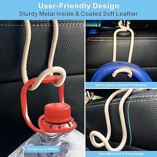 Miniatura 4 de Paquete de 2 ganchos organizadores para respaldo de asiento de automóvil, ganchos para reposacabezas de automóvil que ahorran espacio con lazo Cuero