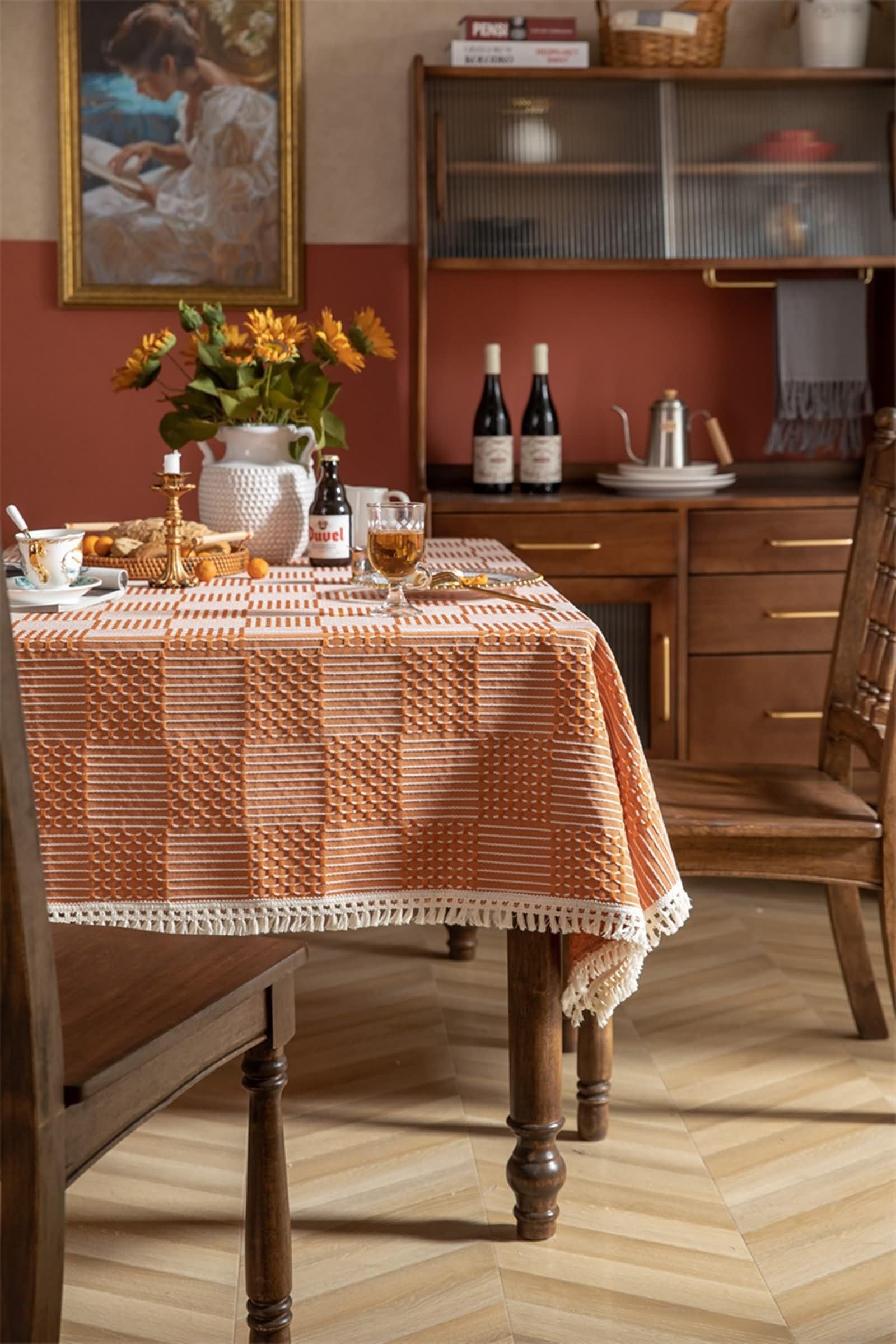 Mantel Lavable Rectangular Naranja Exterior, Bordado de Geométrico con Borlas, de Poliéster Fácil de Limpiar, 140 x 300 cm, Mantel para Mesa de Centro
