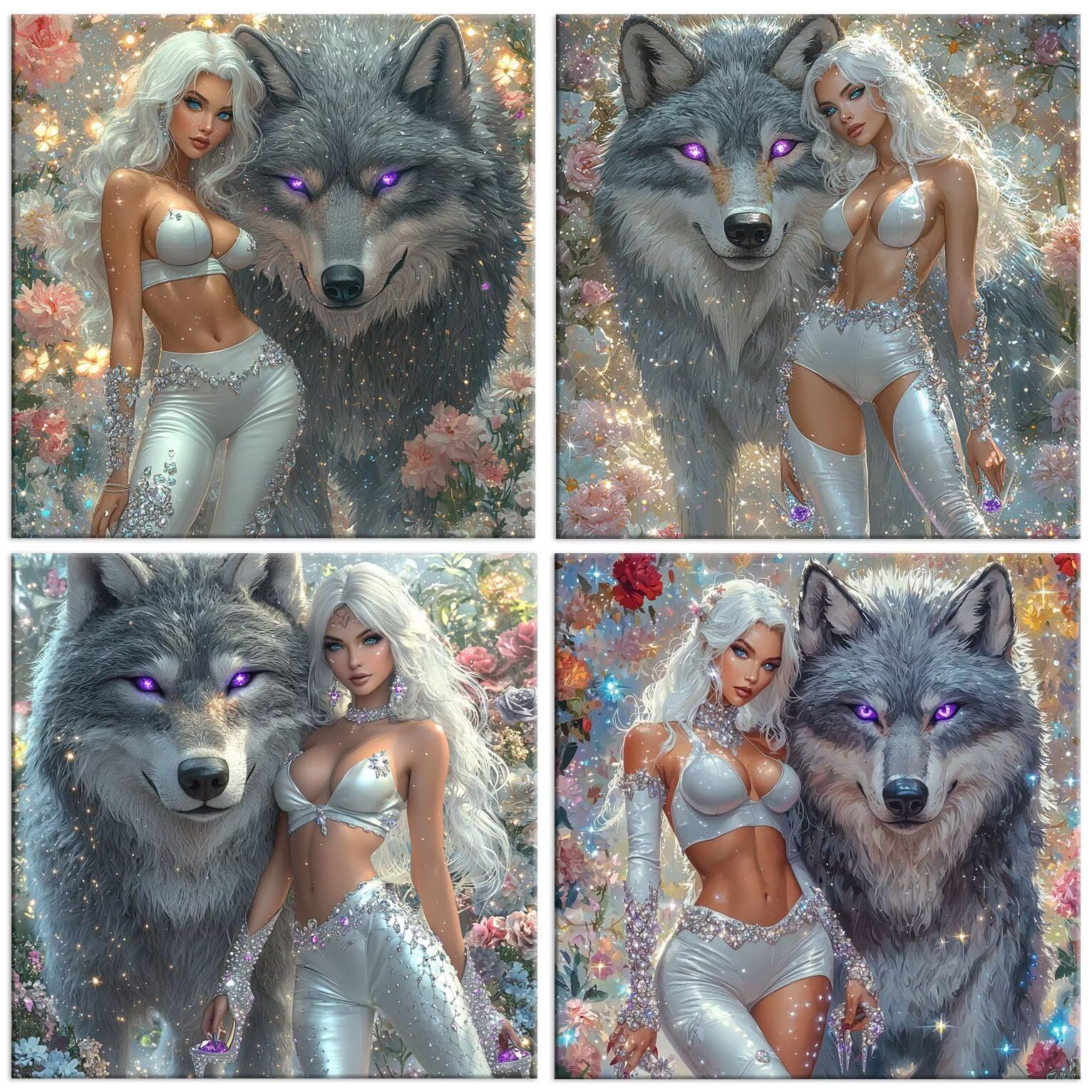 QIANLUOO Mujer sexy lobo 5D Kits de Pintura de Diamantes 50x50cm G-879 | 5D DIY Diamond Painting Kit Completo 4 Pack, Pintura Diamante Niños Adultos Diamant Bordado Punto de Cruz para Decor Hogar