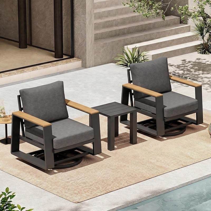 Comfcove Outdoor Swivel Patio Chairs Set of 3, Aluminum Large 3-Piece Outdoor Patio Conversation Furntiure Set With Side Table, Luxury Wider Seat & High Back Bistro Table and Chairs Set of 3, Graphite