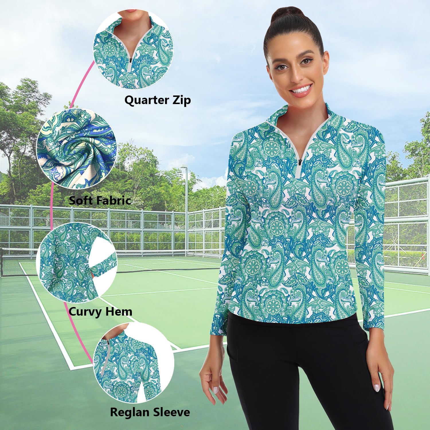 WOWENY Women's Long Sleeve Athletic Shirts Quarter Zip Pullover Collared T-Shirt Workout Print Tennis Top - Image 4