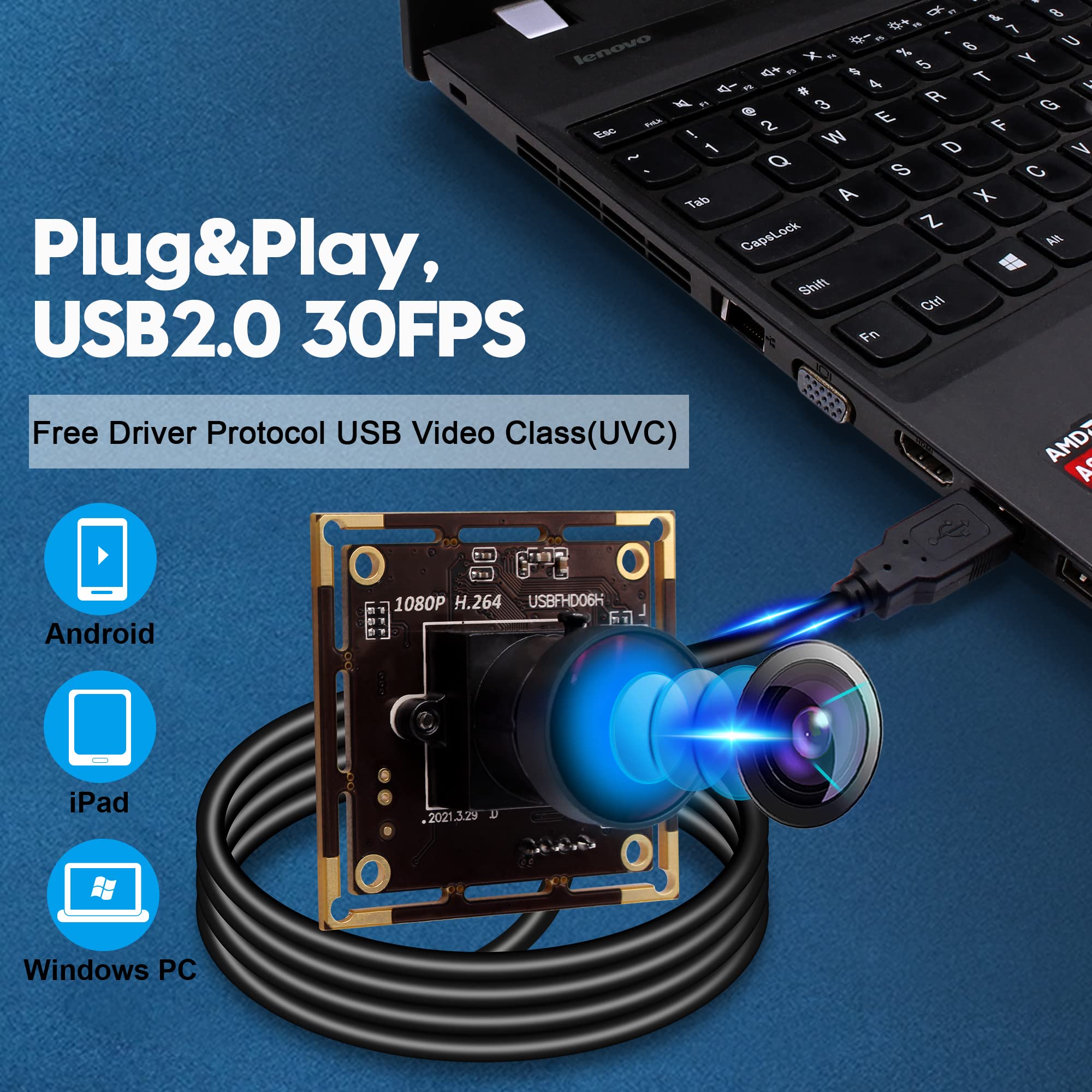 ELP Cámara web de 1080P con micrófono, sensor IMX323, módulo de cámara USB Full HD H.264, Plug and Play, cámara web de 2 megapíxeles 30FPS gran angular de baja iluminación USBFHD06H-L180