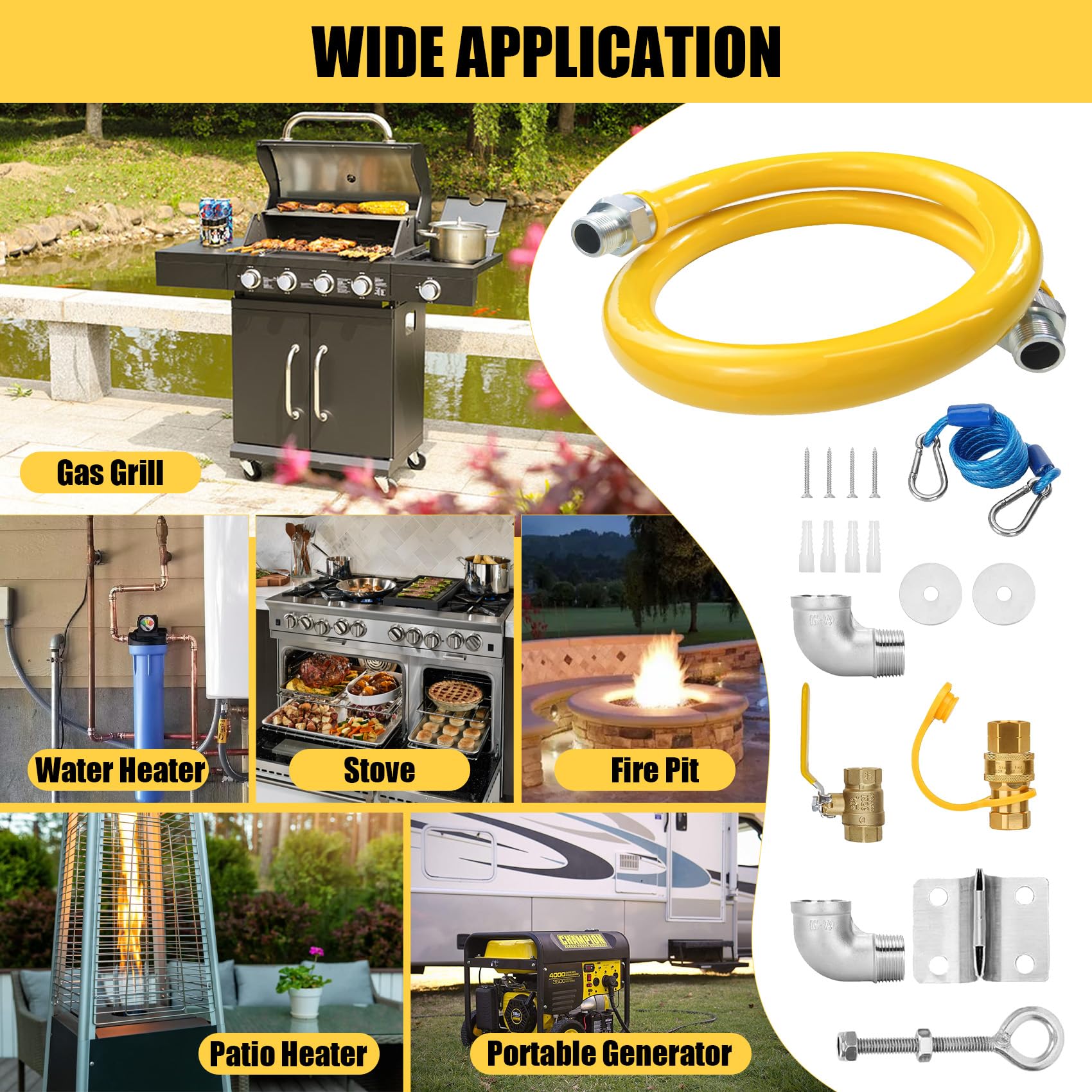 1675kit48 Kit de sistema de seguridad, manguera de línea de gas natural de 3/4 pulgadas de diámetro interior, manguera de línea de gas de cocina comercial de 48 pulgadas, kit de manguera de conector