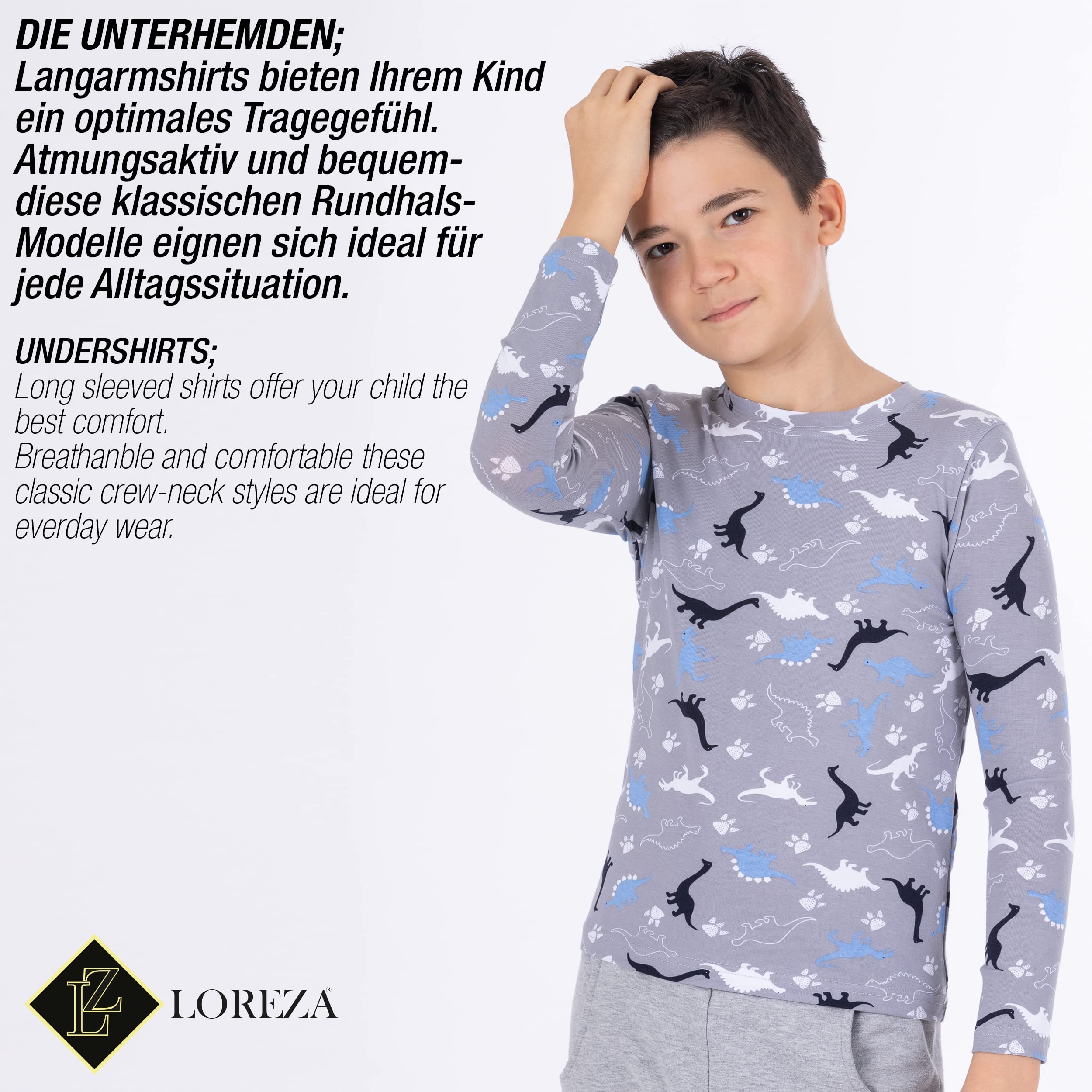 LOREZA ® 3 sous-vêtements Manches Longues Dinosaures Enfants Garçons sous-Vetements Maillots de Corps Chemise