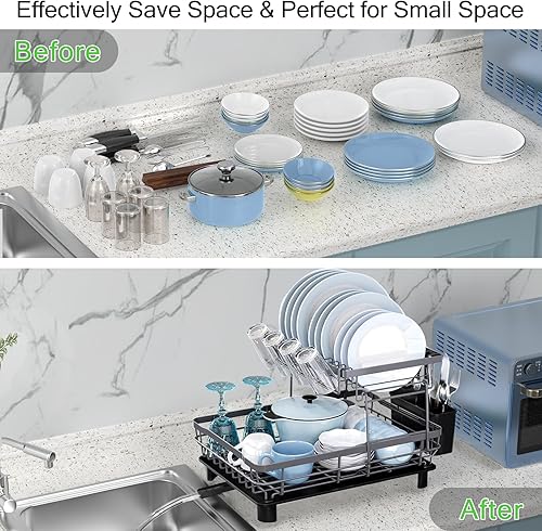 Miniatura 5 de DMTXCRP Escurridor de platos, ahorro de espacio y duradero, a prueba de óxido, estantes grandes de acero inoxidable de 2 niveles para encimera de