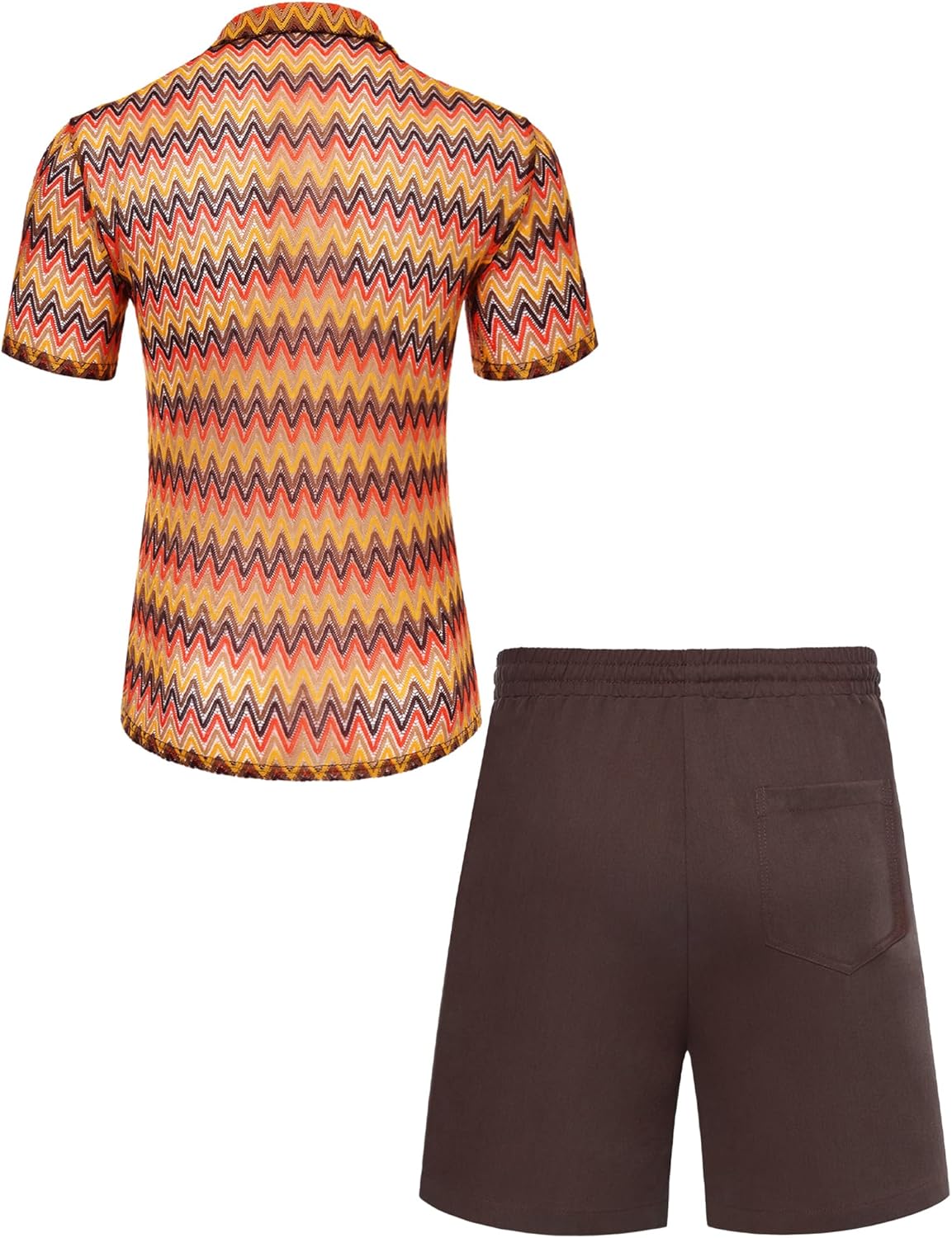 Mens 2 Pieces Outfits Summer Beach Set Tracksuit See Through Sheer Hollow Out Short Sleeve Lace Shirts and Shorts Sets - Image 5