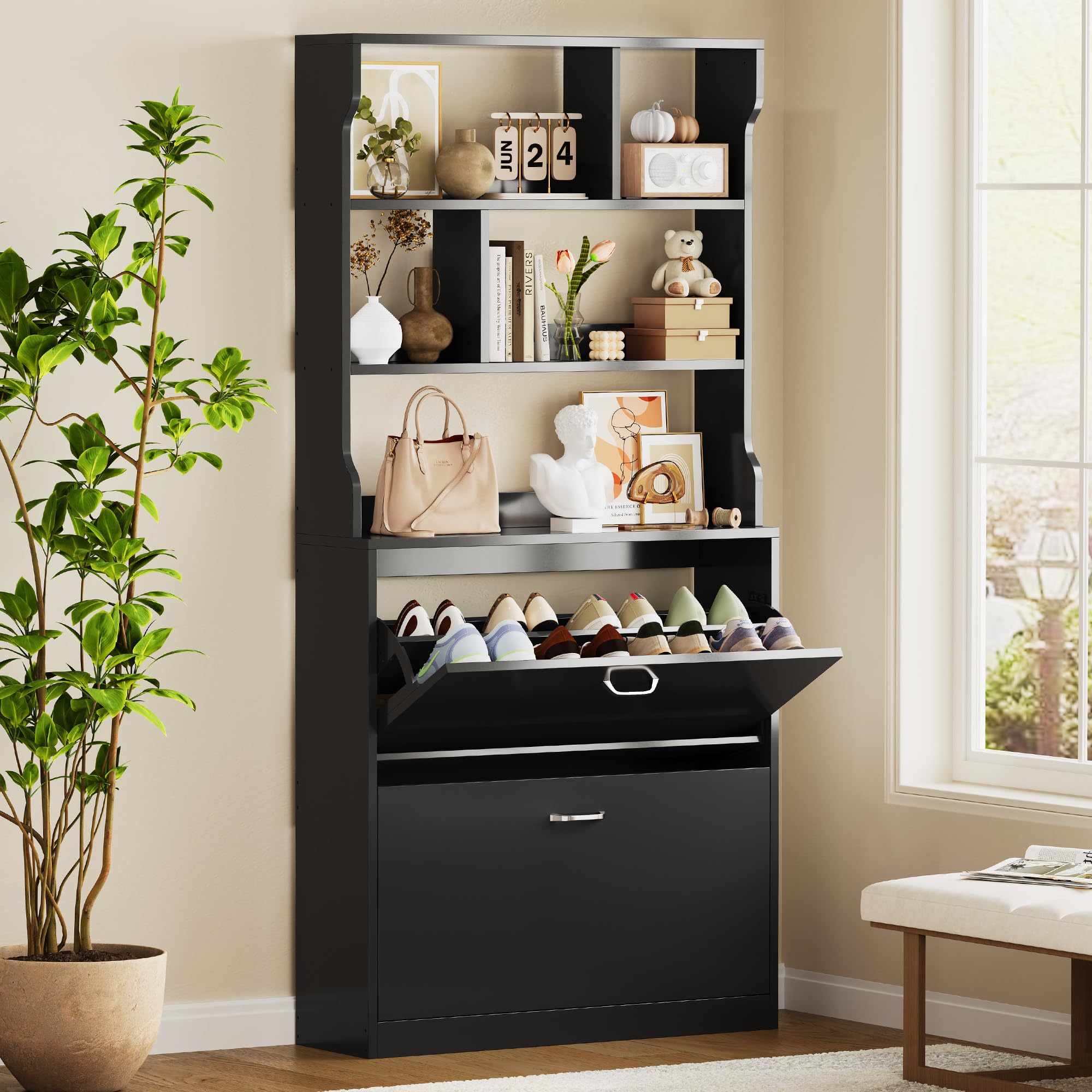 IRONCK Zapatero Alto 165cm con 2 Puertas Abatibles y 3 Estantes Abiertos, Armario Zapatero Estrecho, Mueble Organizador de Entrada para Recibidor, Pasillo y Salón, en Madera, Blanco, 165 x 80 x 24CM