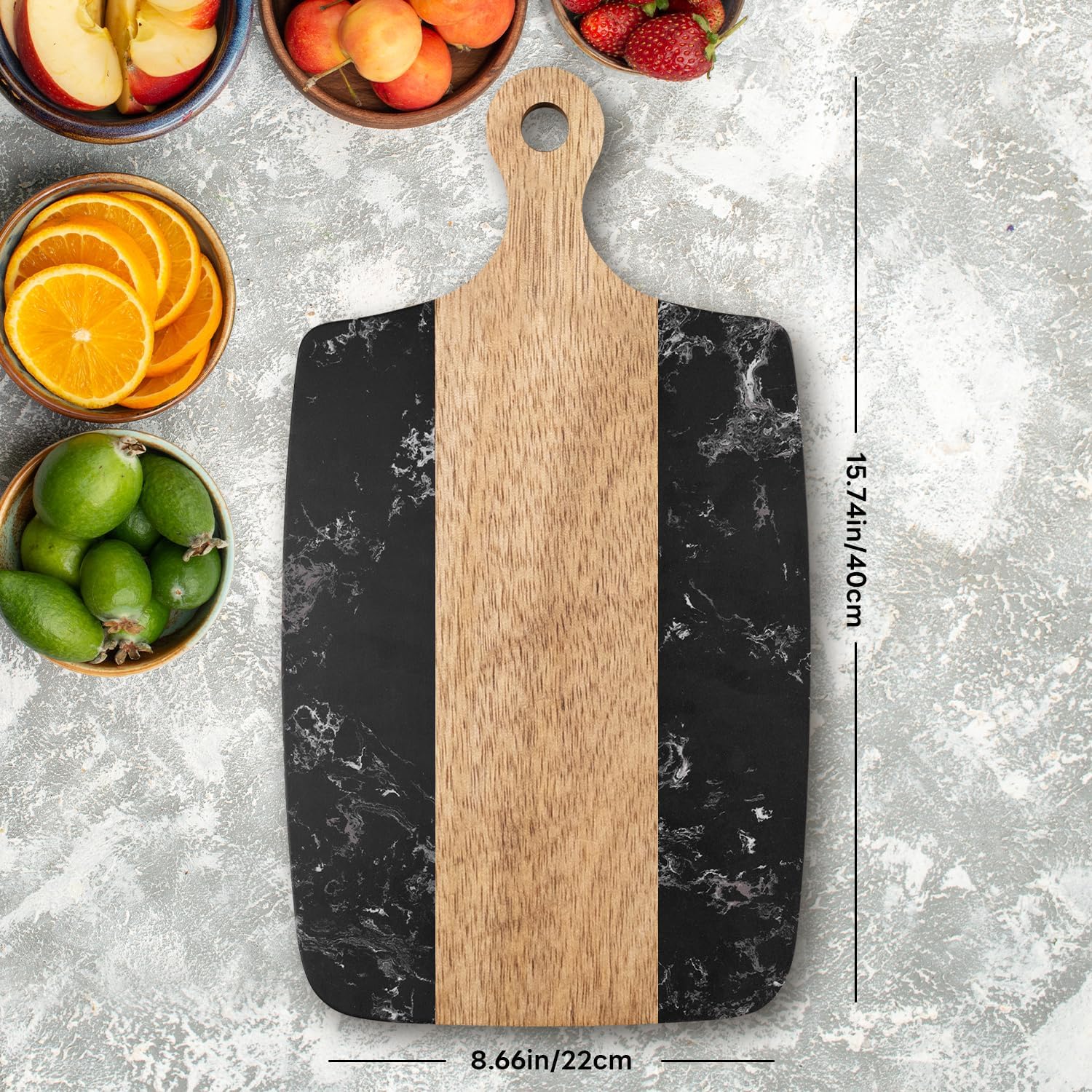 Marble Cutting Board, Charcuterie Board with Handle, Marble and Acacia Tray for steak, cheese, hamburgers and biscuits, Great for gifts (black 40cm)