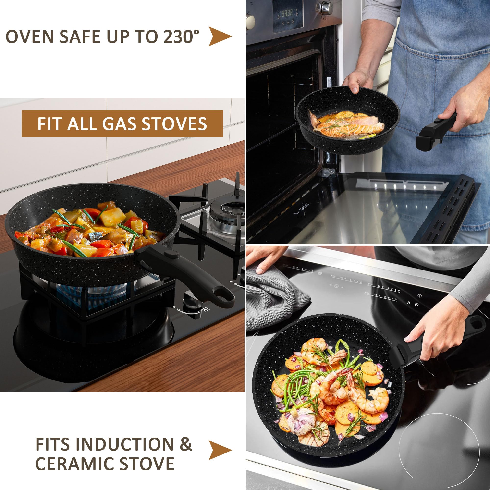 Gimars 14pcs Set di Padelle Antiaderente da 14PCS con 2 Manici Rimovibili | Padella da 20 26cm,Casseruola 20cm,26cm Griglia,4 Coperchi 4 Utensili,Senza PFOA PFTE per Induzione Gas Forno