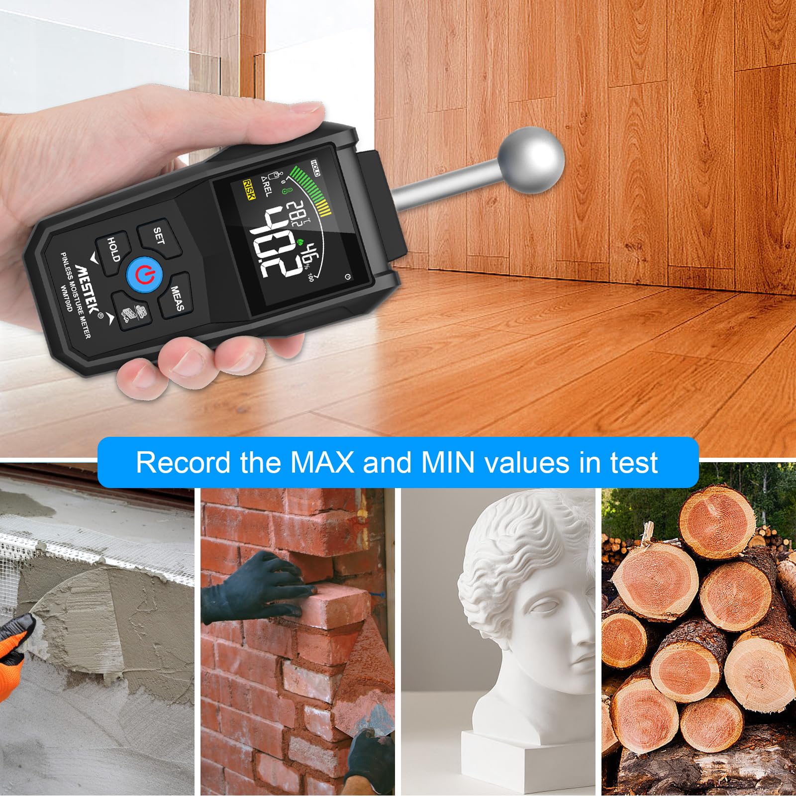 Misuratore di Umidità, MESTEK Igrometro,2 in 1 Misuratore Umidità Muri con LCD a Colori e Allarme Acustico, Profondità di Analisi 20-40 mm,per Legni, Parete, Pavimenti, Legno, Gesso
