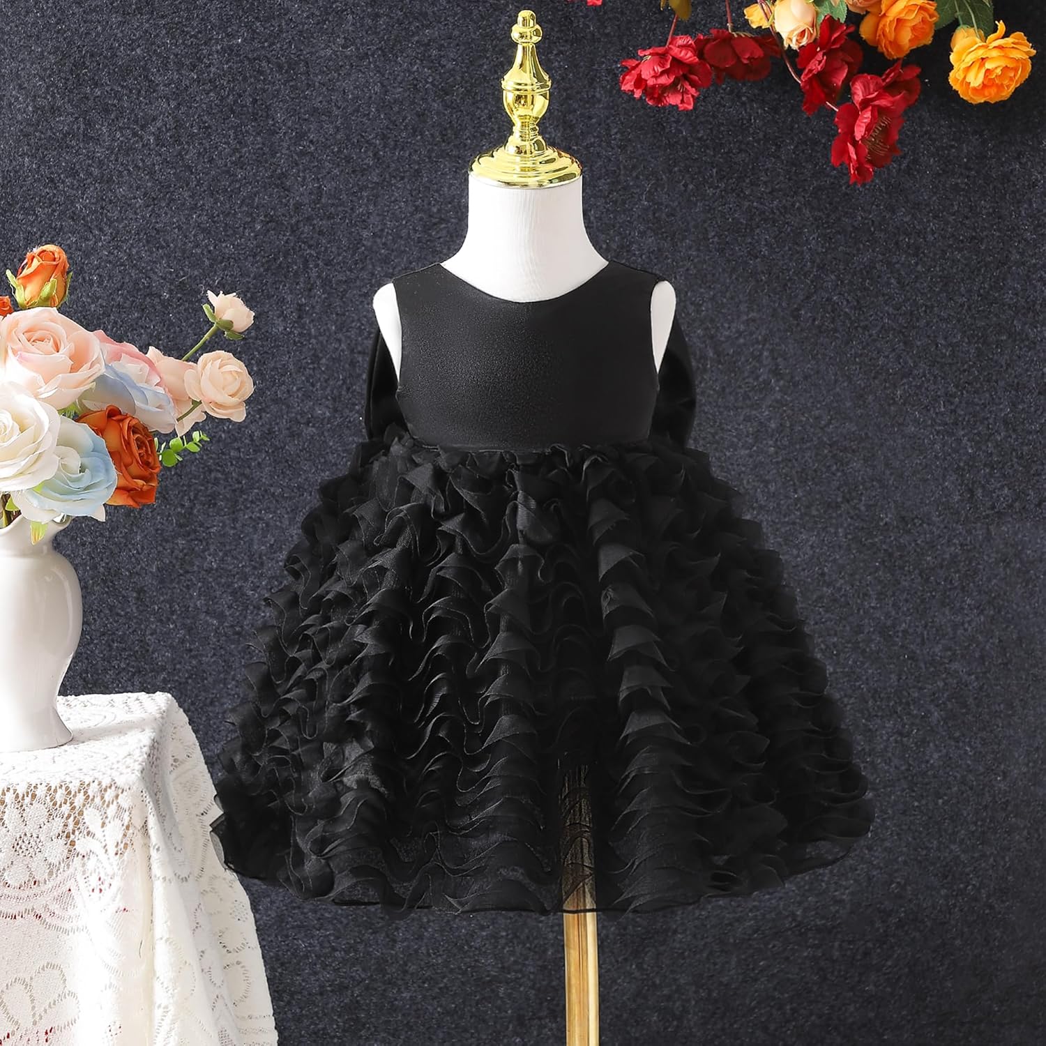 Baby Girl Black Dress Wedding Sleeveless V Neck A-line Bridesmaid Party Dresses Princess Tulle Ball Gown - Image 3