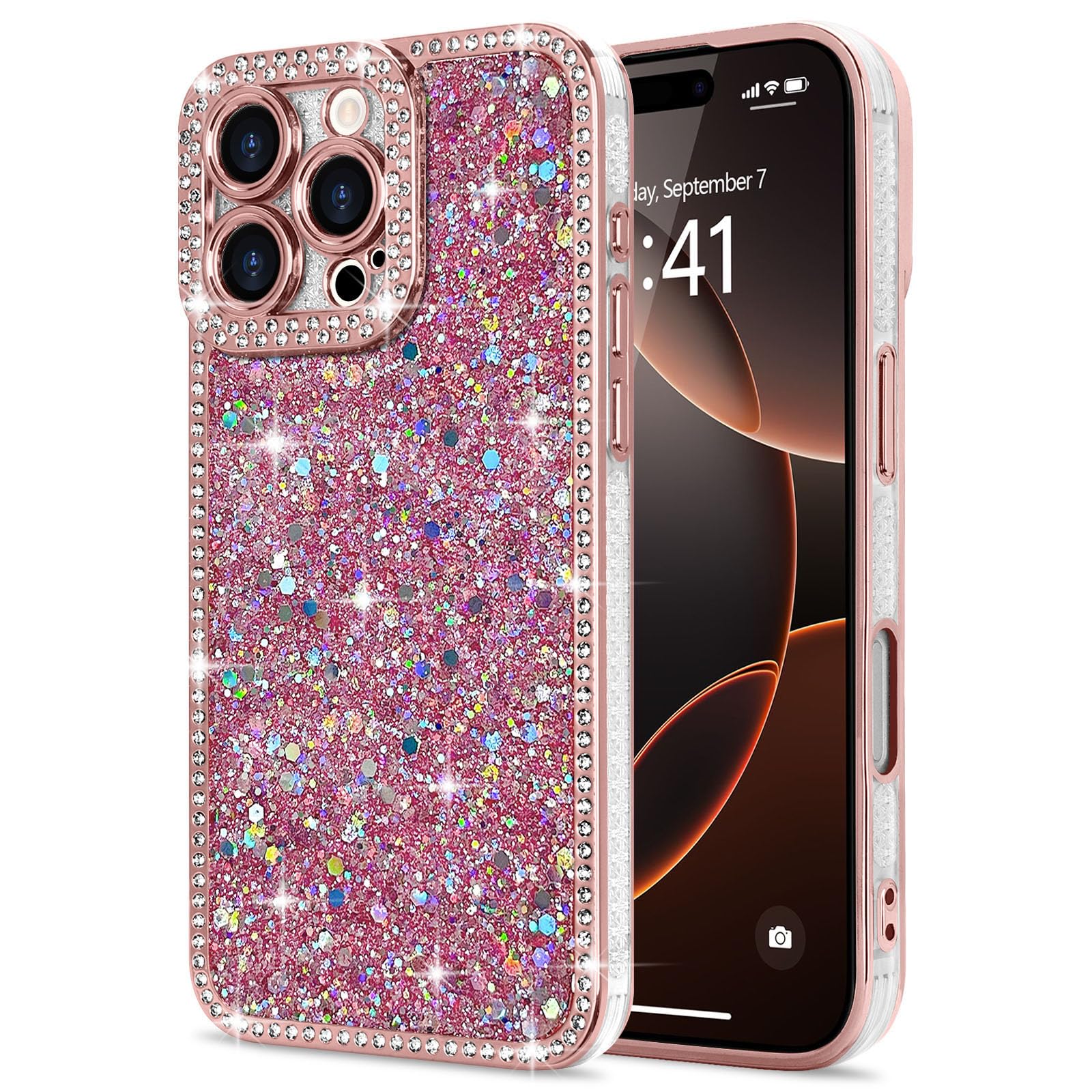 Lafunda for iPhone 16 Pro Max Case Glitter, Luxury Shiny Bling Sparkly Bumper Cover with Crystal Diamonds for Women Girls Soft Slim Shockproof Protective Phone Case for iPhone 16 Pro Max 6.9", Pink