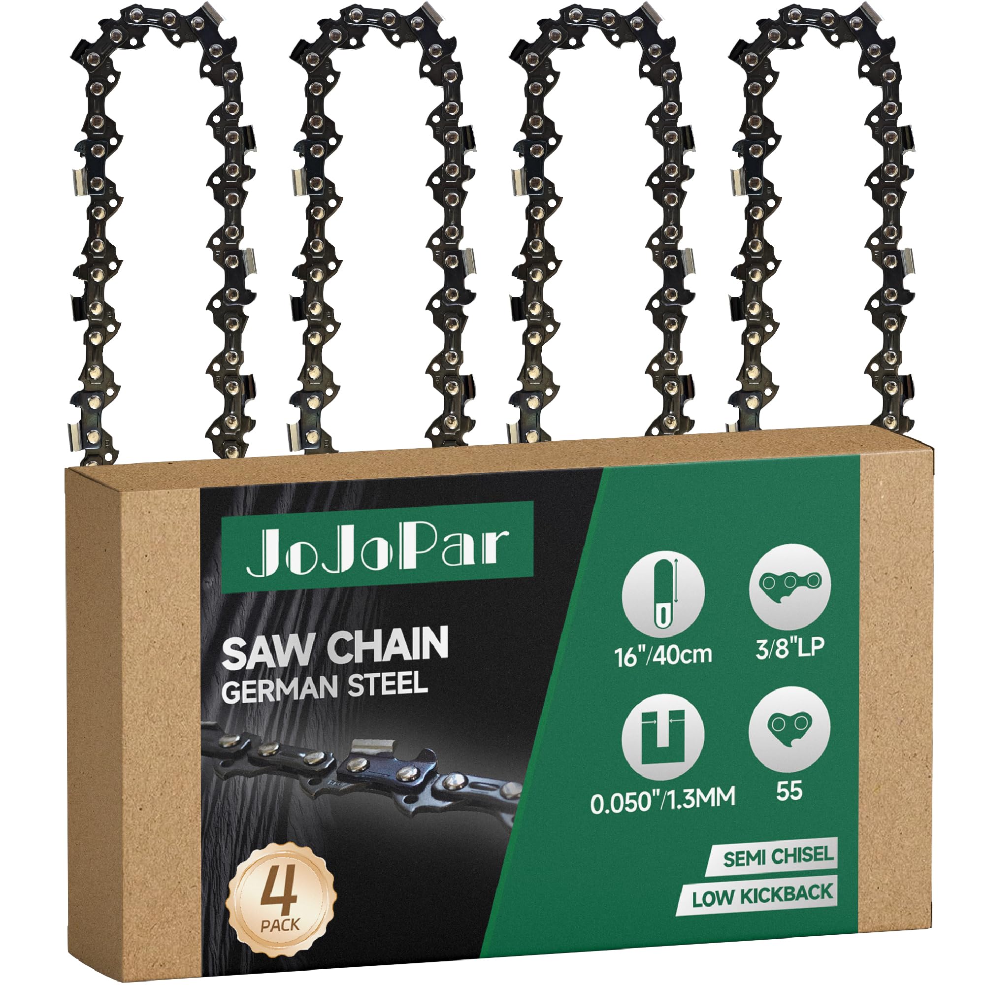 Paquete de 4 cadenas de motosierra de 16 pulgadas, paso LP de 3/8 pulgadas, calibre de 0.50 pulgadas, 55 eslabones de transmisión de 16 pulgadas, cadenas de sierra de retroceso bajo de repuesto