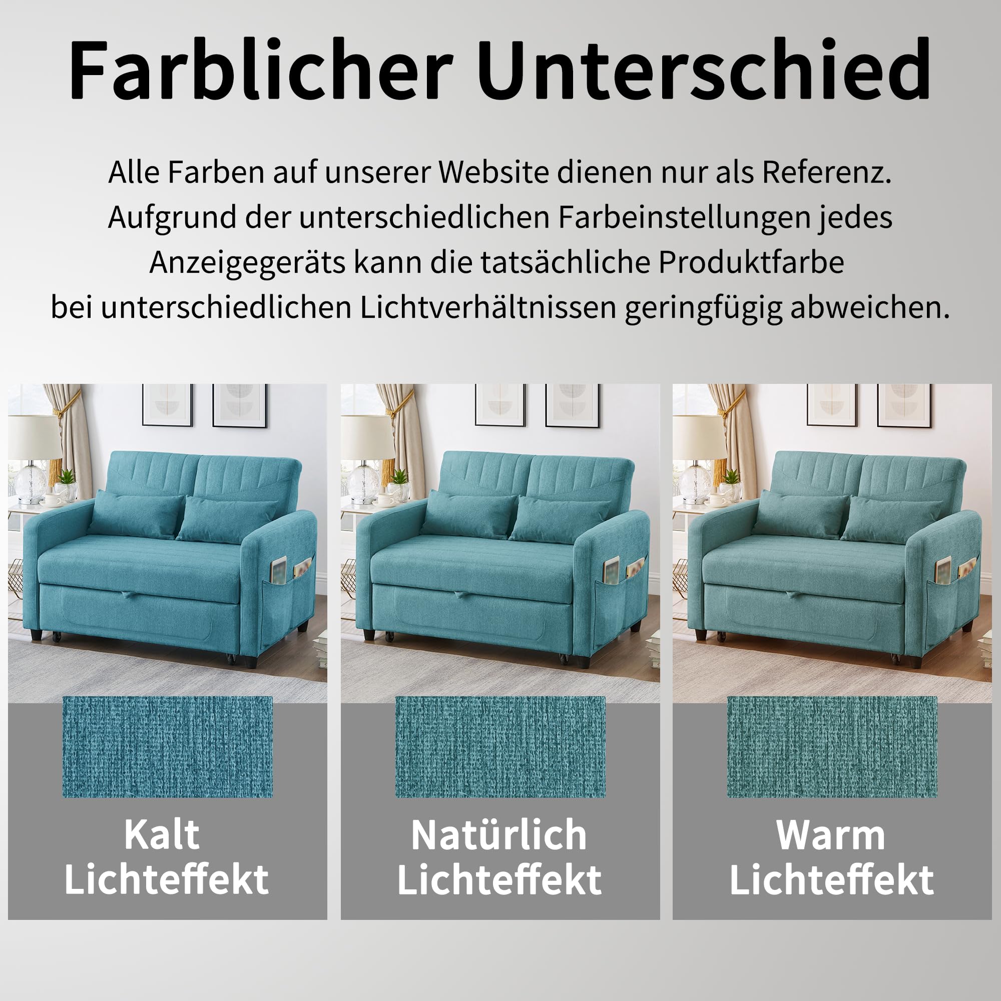 Divano letto con funzione letto Divano pieghevole a due posti, design estensibile, elegante e moderno, schienale regolabile a tre livelli, tessuto traspirante in cotone e lino (Antico Blu-verde)