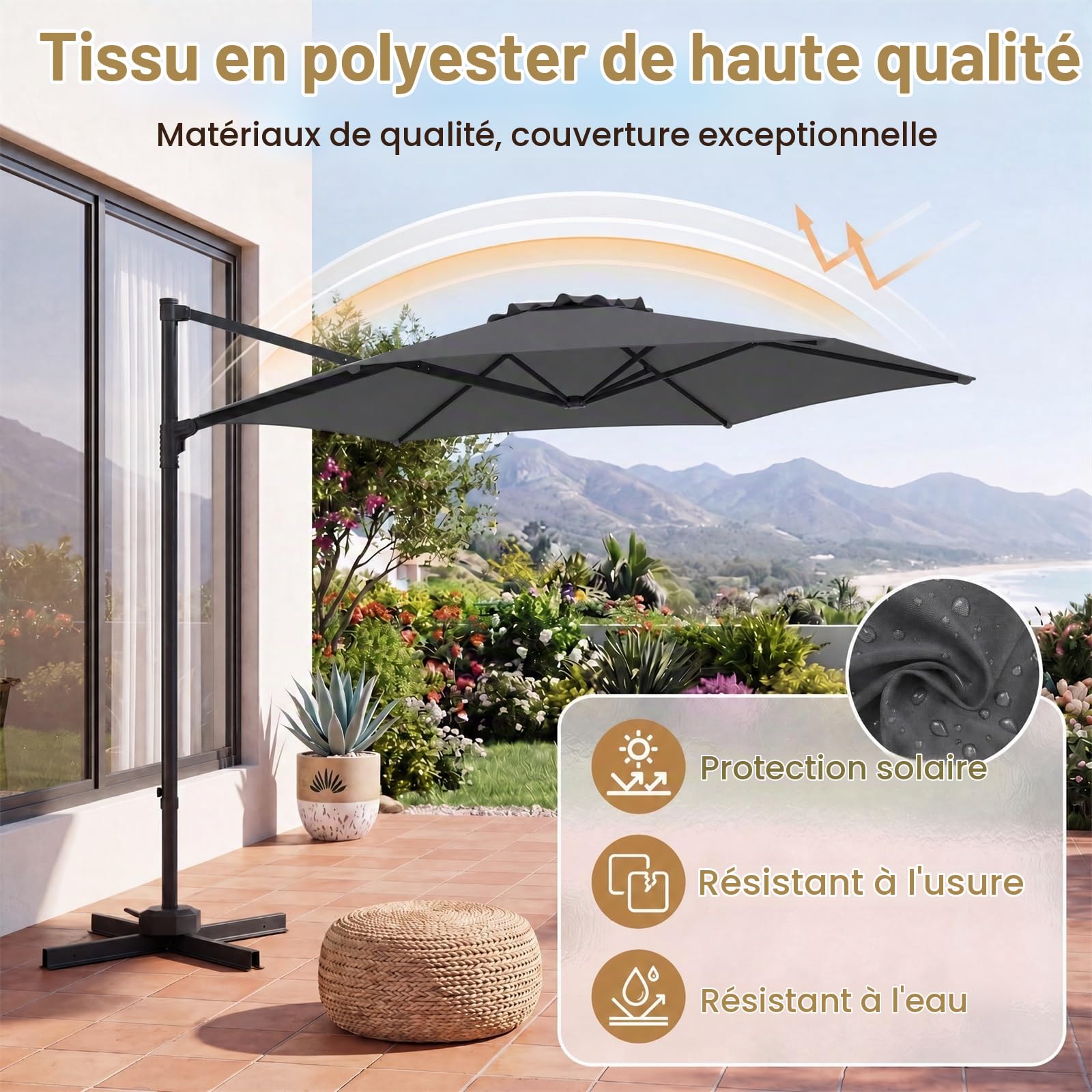 KOMFOTTEU 3M Parasol de Jardin Extérieur, Anti UV, Rotatif 360°