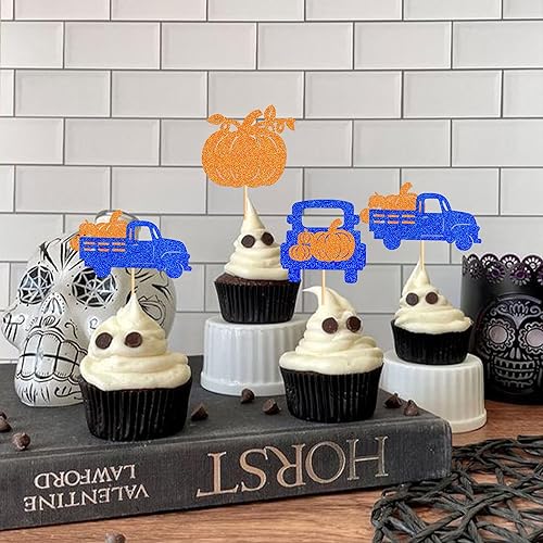 Miniatura 4 de Ercadio Paquete de 36 adornos de calabaza para cupcakes con purpurina azul, cosecha de otoño, calabaza, camión, cupcake para cosecha de otoño,