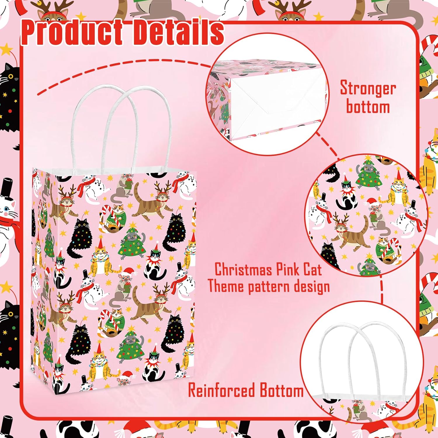 JarThenaAMCS 16Pcs Pink Christmas Paper Bags with Tissue Paper Cute Cats Gift Bag with Handle Candy Goodie Treat Bags for Winter Birthday Baby Shower Party Favor Supplies - Image 3