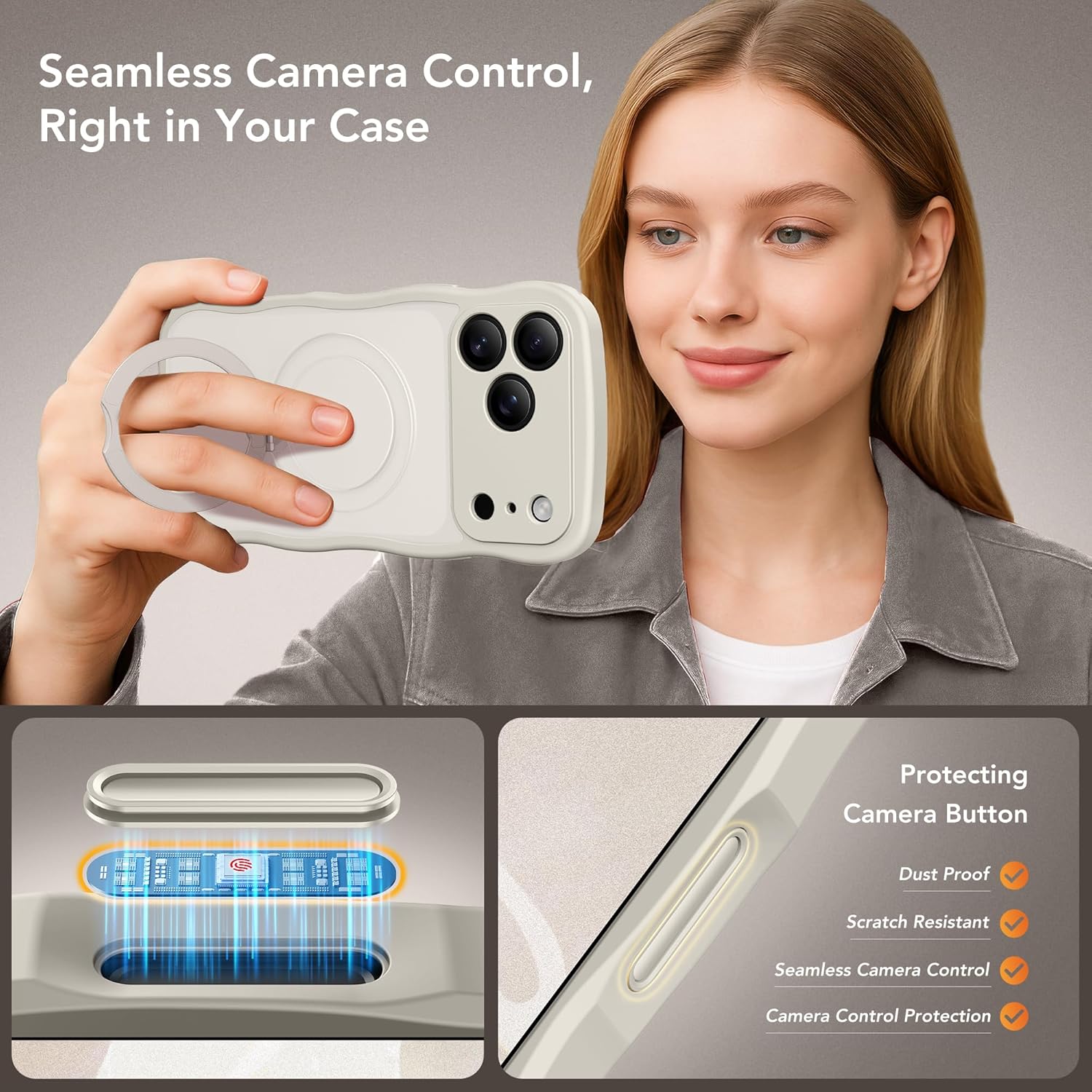 GolbinBox for iPhone 17 Pro Case for Women,[Compatible with Magsafe][360° Spin Magnetic Stand][Cute Wave Edge][Military-Grade Protection] Translucent Matte Phone Case for iPhone 17 Pro,Stone - Image 5