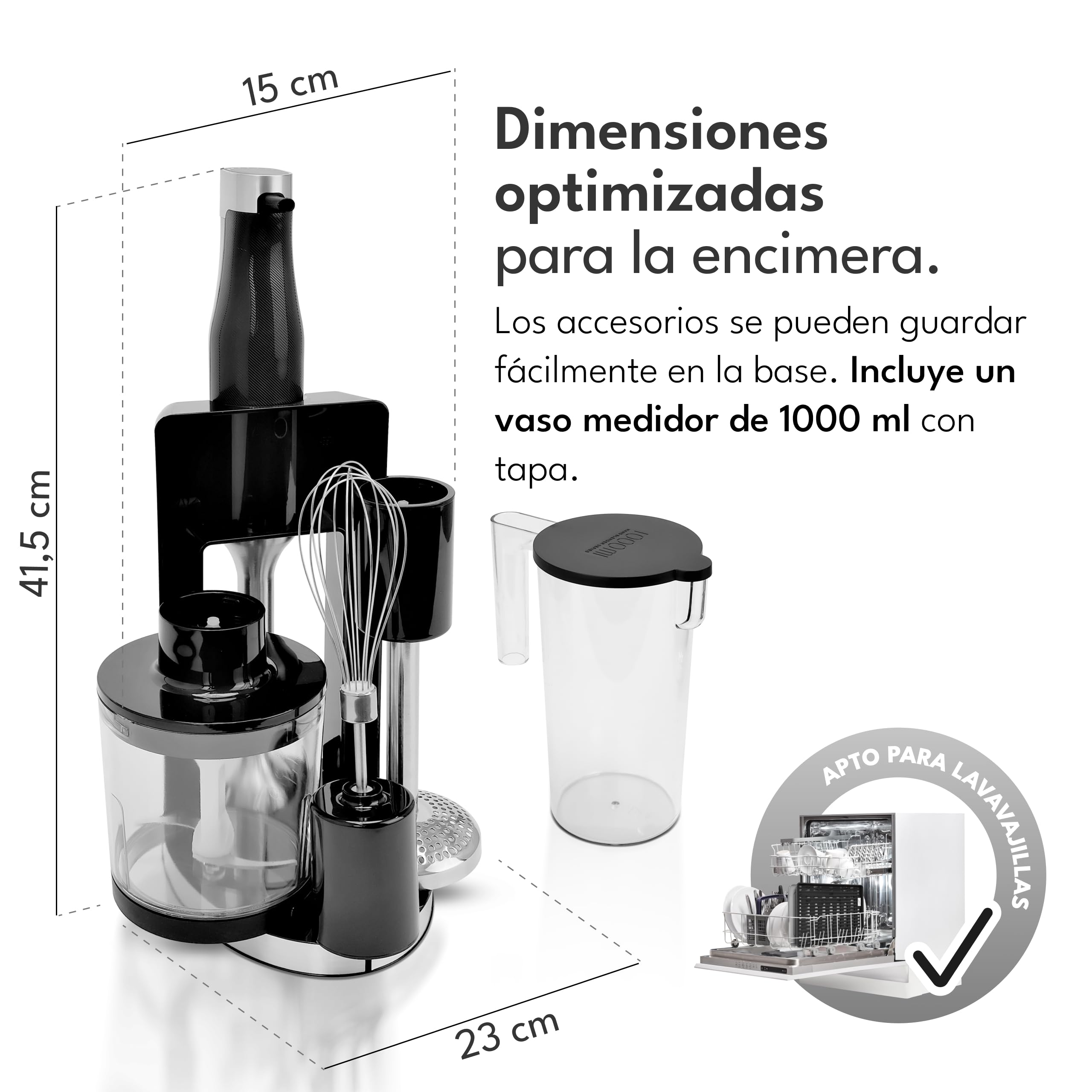 LEBENLANG Premium Set Batidora mano 1200w - Incl. 5x accesorios & protector contra salpicaduras I Infinitamente ajustable & turbo I Trituradora de alimentos Minipimer Blender Batidoras brazo Mixer