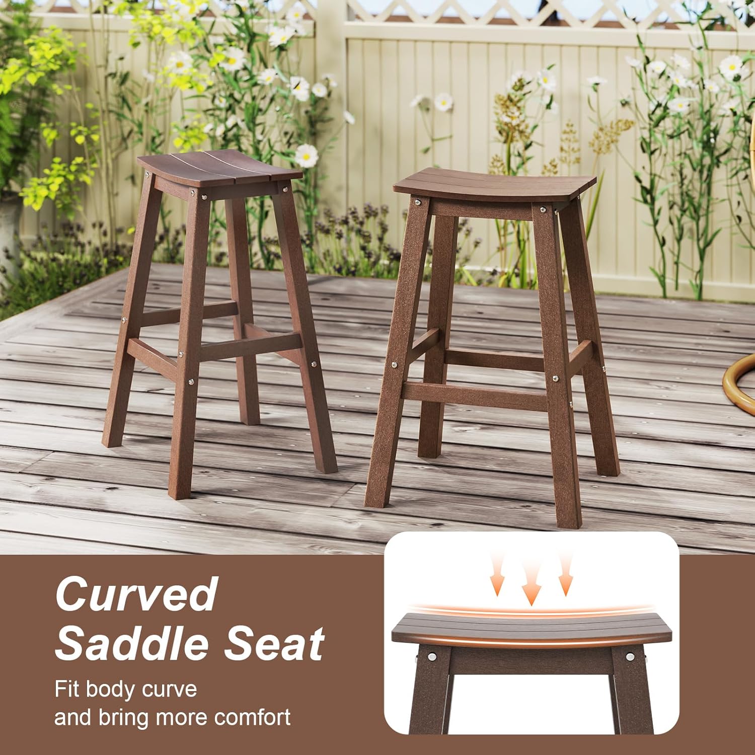 Tangkula Patio Bar Stools Set of 4, 29 Inch HDPE Bar Height Armless Saddle Stools with Curved Seat & Footrests, Outdoor Backless High-Top Slatted Barstools for Backyard, Lawn, Poolside (Brown)