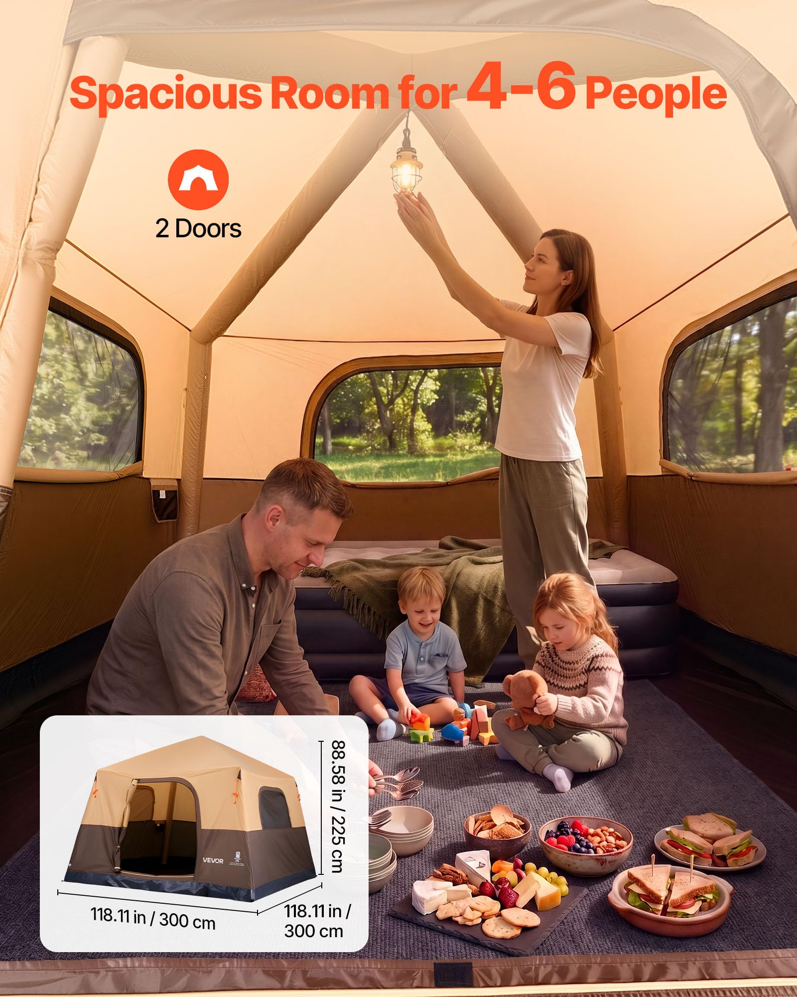 VEVOR Campingzelt 6 Personen, Aufblasbares Familienzelt mit Wiederaufladbarer Pumpe, TPU-Luftschlauch & 4 Netzfenstern, Kabinenzelt mit Tragetasche für Familien-Camping & Wandern, Beige
