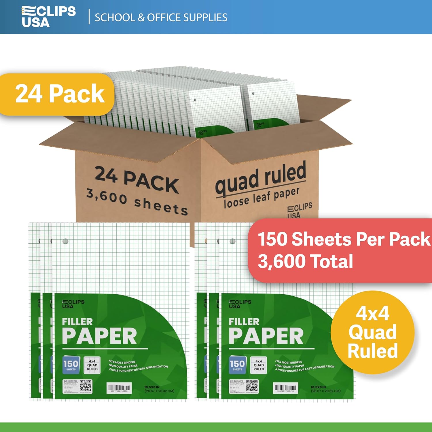 Graph Paper Loose Leaf Paper Quad Ruled Notebook Paper Quad Ruled 4” x 4” Square Lined Writing Filler Paper 10.5” x 8” 3600 Sheets 150 Sheets Per Pack 60 gsm (24 Pack)