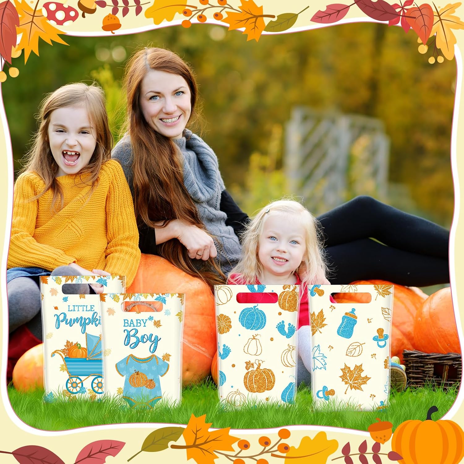 Funrous 100 Pcs Thanksgiving Fall Pumpkin Favor Bags Pumpkin Baby Shower Party Decorations Baby Girl Candy Treat Goodie Bags with Handle for Girls Thanksgiving Day Autumn Party Decor Supplies(Blue)