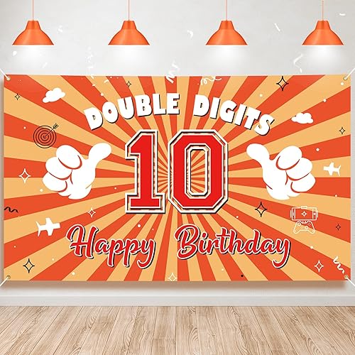 Decoraciones de cumpleaños número 10 para niñas y niños, pancarta de fondo de feliz cumpleaños número 10, color rojo, doble dígito para fiesta de