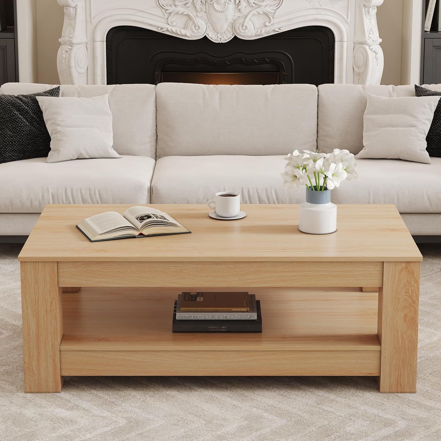 43.3" Wood Coffee Table, Modern and Practical Rectangular Center Table, Double Layered Coffee Table Made of MDF Material, Suitable for Living Room, Bedroom and Office (Natural Wood)