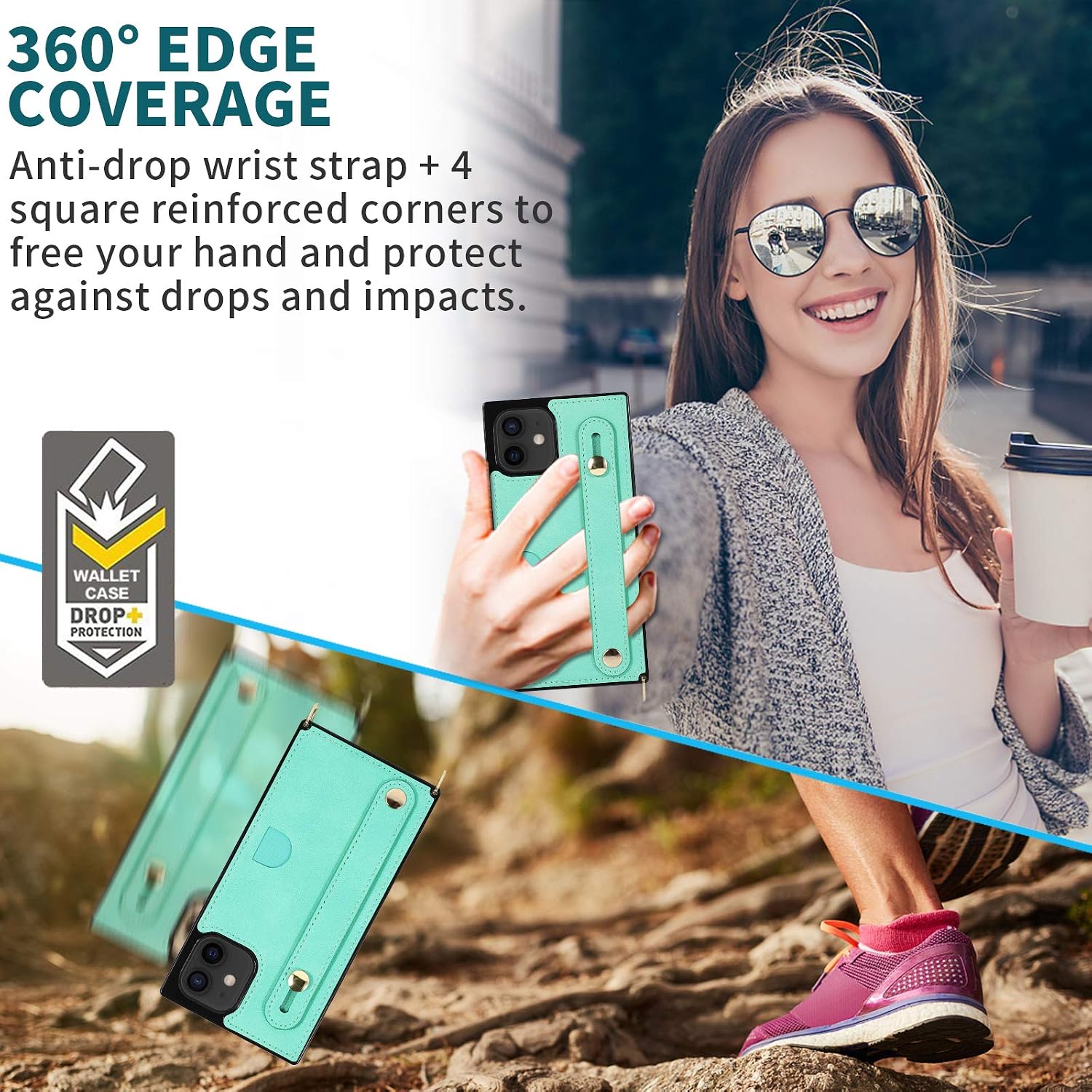 Compatible with iPhone 12/iPhone 12 Pro Wallet Case Crossbody Leather with Hand Strap Holder,Kickstand,Card Holder,Removable Shoulder Strap,HOGGU Square Corners Case Protective Back Cover,Mint Green