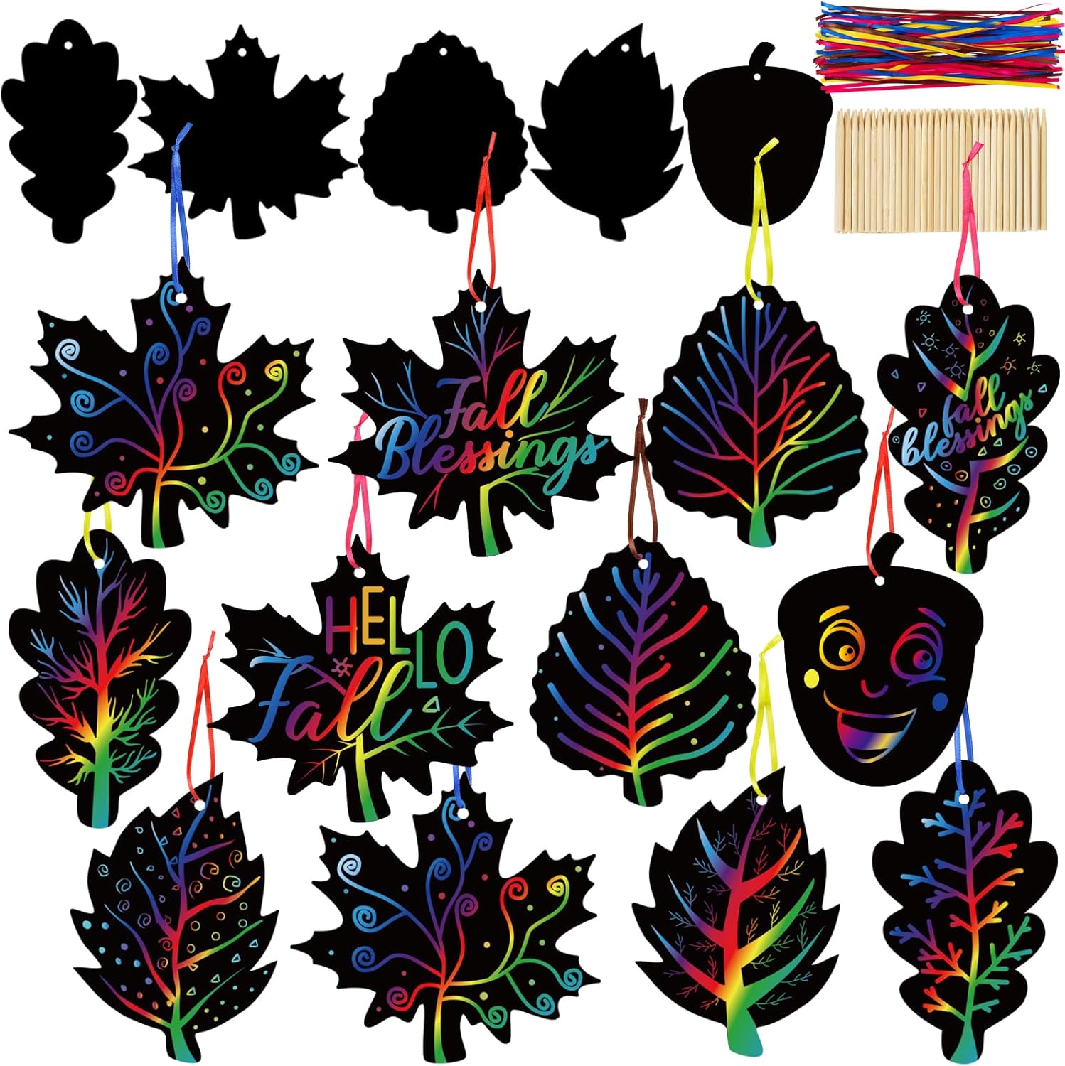 90shine 60 Sets Fall Crafts for Kids Black Scratch Autumn Leaves Magic Craft Art Kit Thanksgiving Classroom Preschool Activities Party Favors